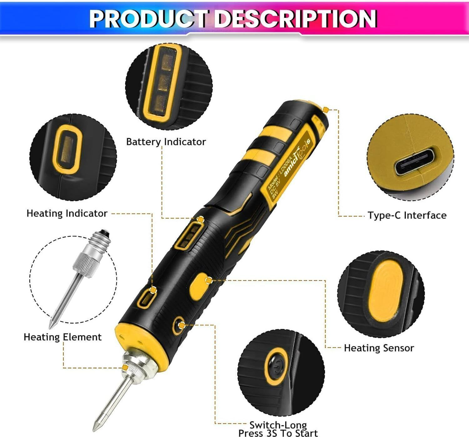 Image of amiciTools DC 5V 8W Cordless Rechargeable Soldering Iron with Touch Sensor Function and USB Charging Cable 8 W Temperature Controlled