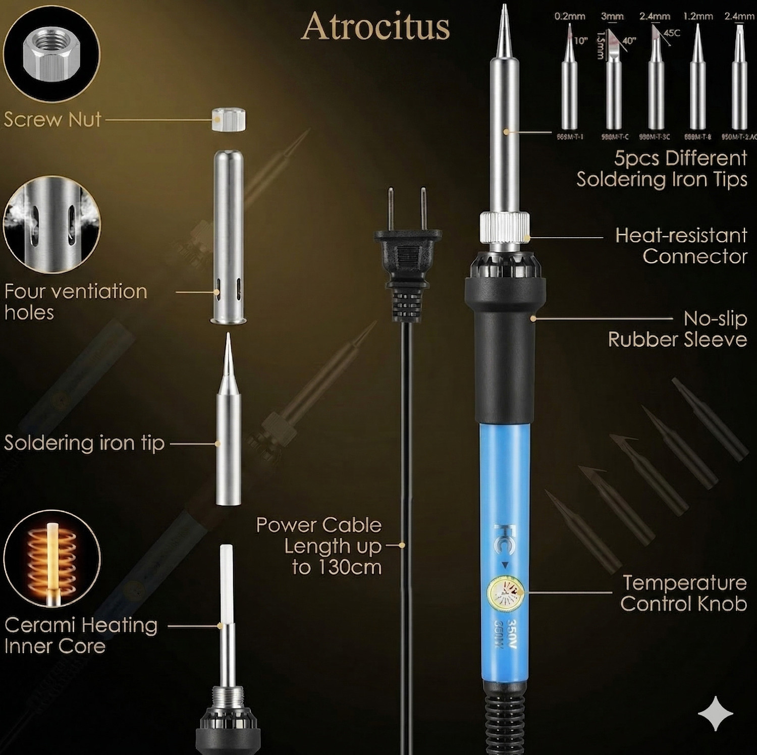 Image of Atrocitus ATC42760W Professional Soldering Iron Temperature Controlled with 5 Bits 60 W Temperature Controlled