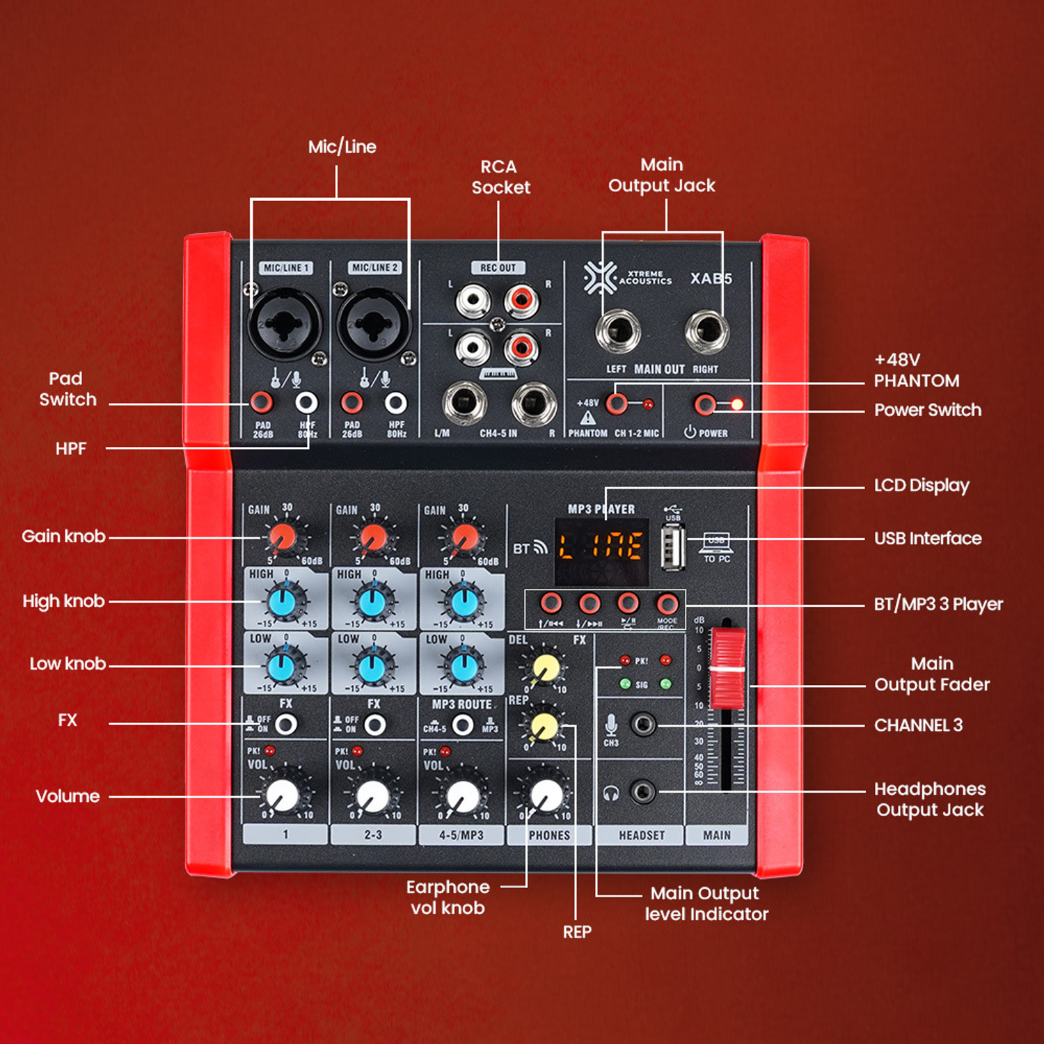 Image of Xtreme Acoustics XAB5 Home Series 5 Channel | USB Type-C & Bluetooth | Red & Black Analog Sound Mixer