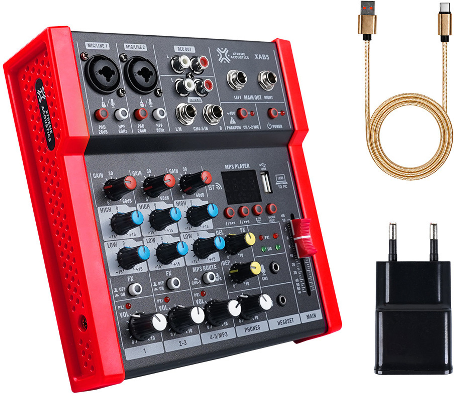 Image of Xtreme Acoustics XAB5 Home Series 5 Channel | USB Type-C & Bluetooth | Red & Black Analog Sound Mixer