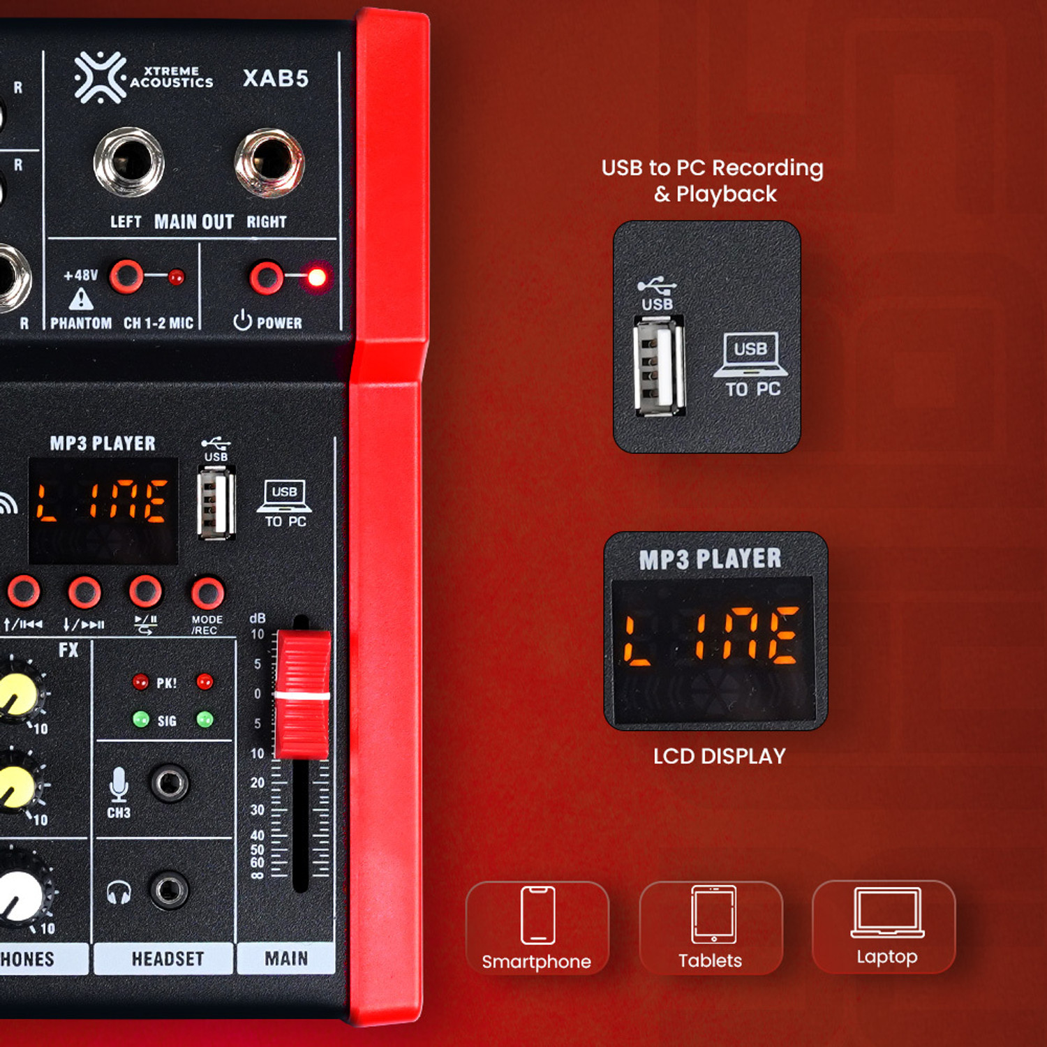Image of Xtreme Acoustics XAB5 Home Series 5 Channel | USB Type-C & Bluetooth | Red & Black Analog Sound Mixer