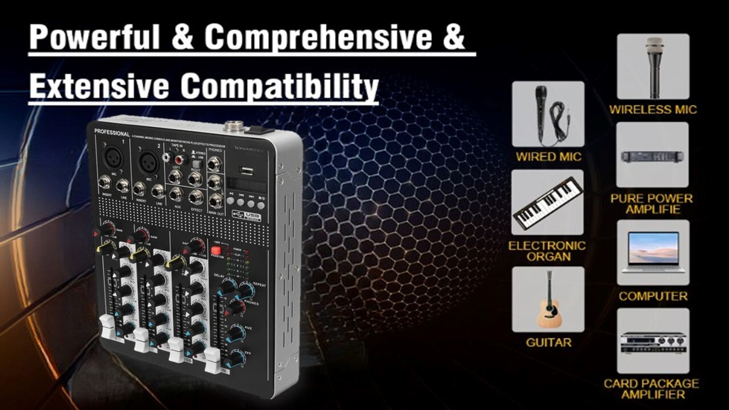 Image of KH 4 Channel Mixing Console Bluetooth Compatible Professional Portable DJ Console Digital Sound Mixer