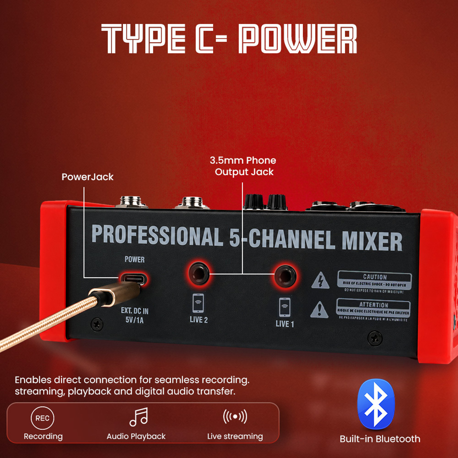 Image of Xtreme Acoustics XAB5 Home Series 5 Channel | USB Type-C & Bluetooth | Red & Black Analog Sound Mixer