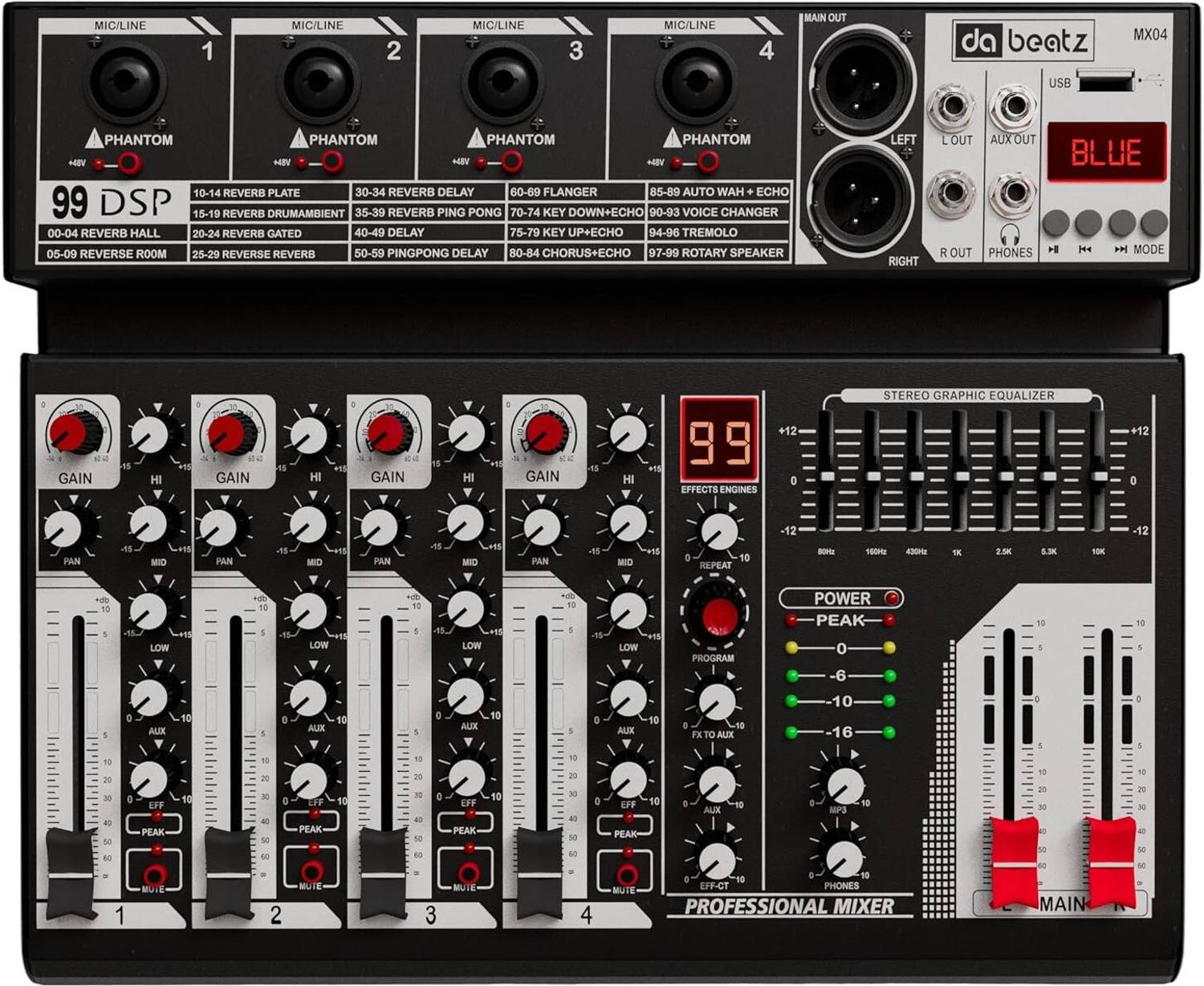 Da.Beatz. MX04 4-Ch Mixer | BT, USB, 99 DSP, 7-Band EQ, Phantom Power Digital Sound Mixer deal from flipkart