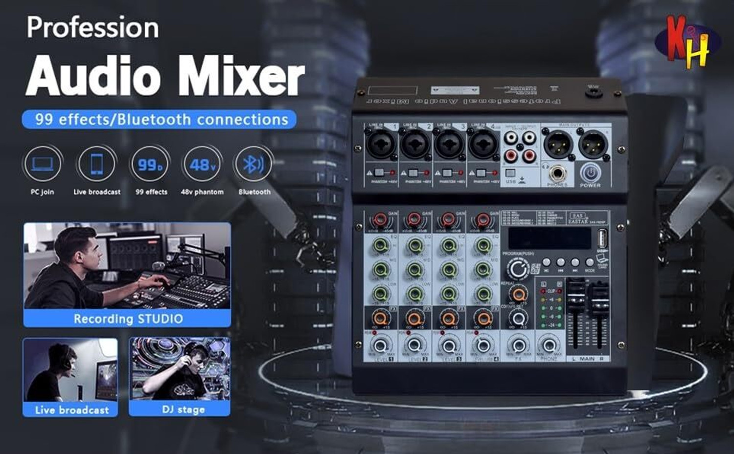Image of Adiohub Audio Mixer 6 Channel for Stage Live Studio Stereo Recording DJ Stage Powered Sound Mixer
