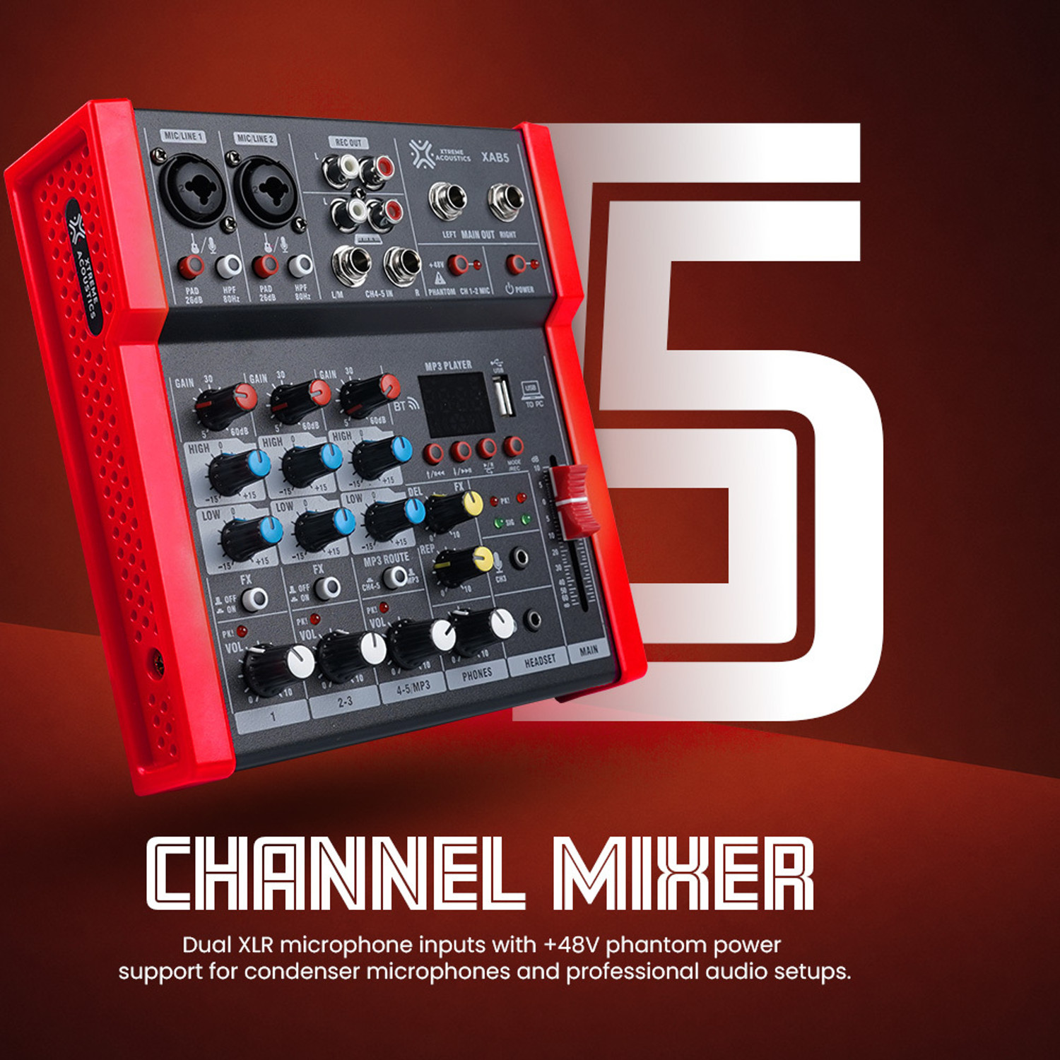 Image of Xtreme Acoustics XAB5 Home Series 5 Channel | USB Type-C & Bluetooth | Red & Black Analog Sound Mixer