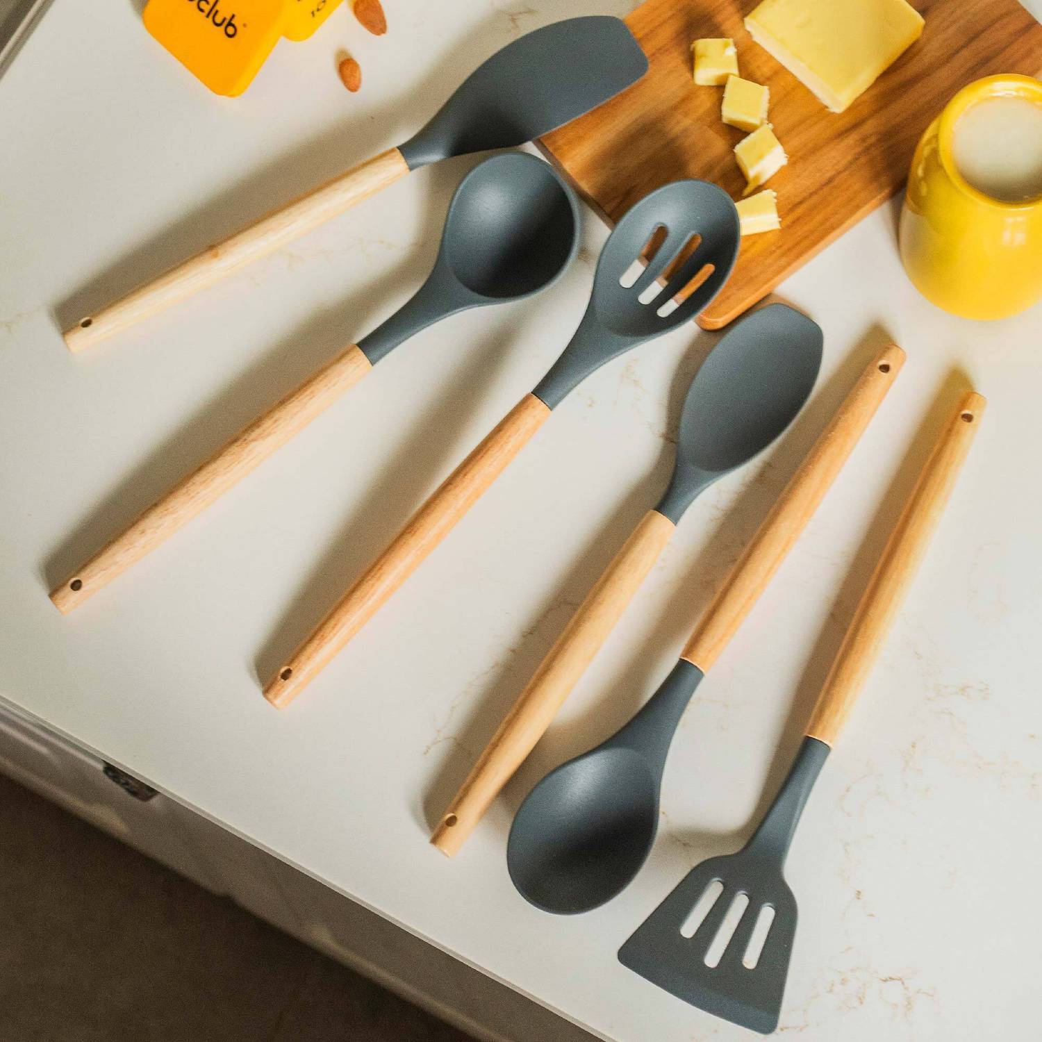 10club Silicone Kitchen Tools Set of 12 (with Plastic Holder) with Wooden Handles Kitchen Tool Set
