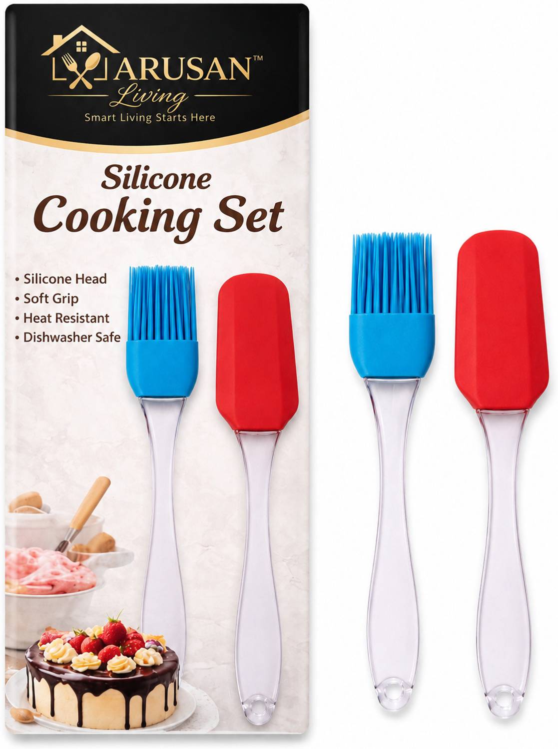 ARUSAN living 2-Piece Silicone Kitchen Set – Heat-Resistant Basting Brush & Spatula Mixing Spatula