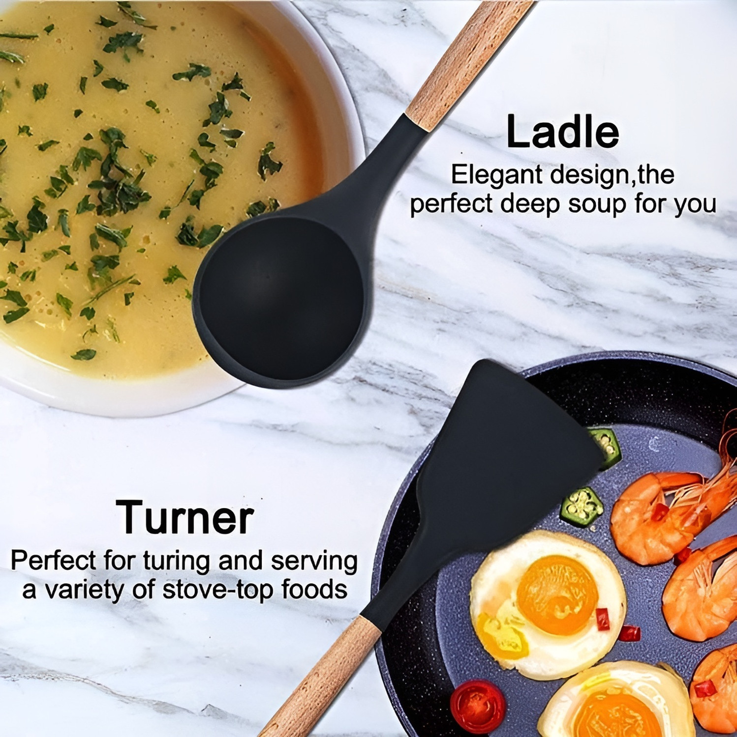 Image of Tensha Dosa Turner, Sabzi Kadchi, Cooking Spoon | Silicone 3 Pc Set with Wood Handle Non-Stick Spatula