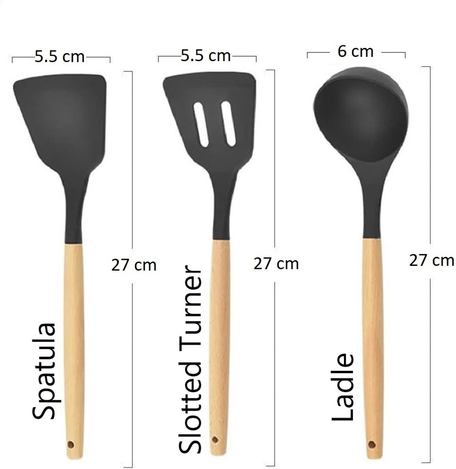 Image of Tensha Dosa Turner, Sabzi Kadchi, Cooking Spoon | Silicone 3 Pc Set with Wood Handle Non-Stick Spatula