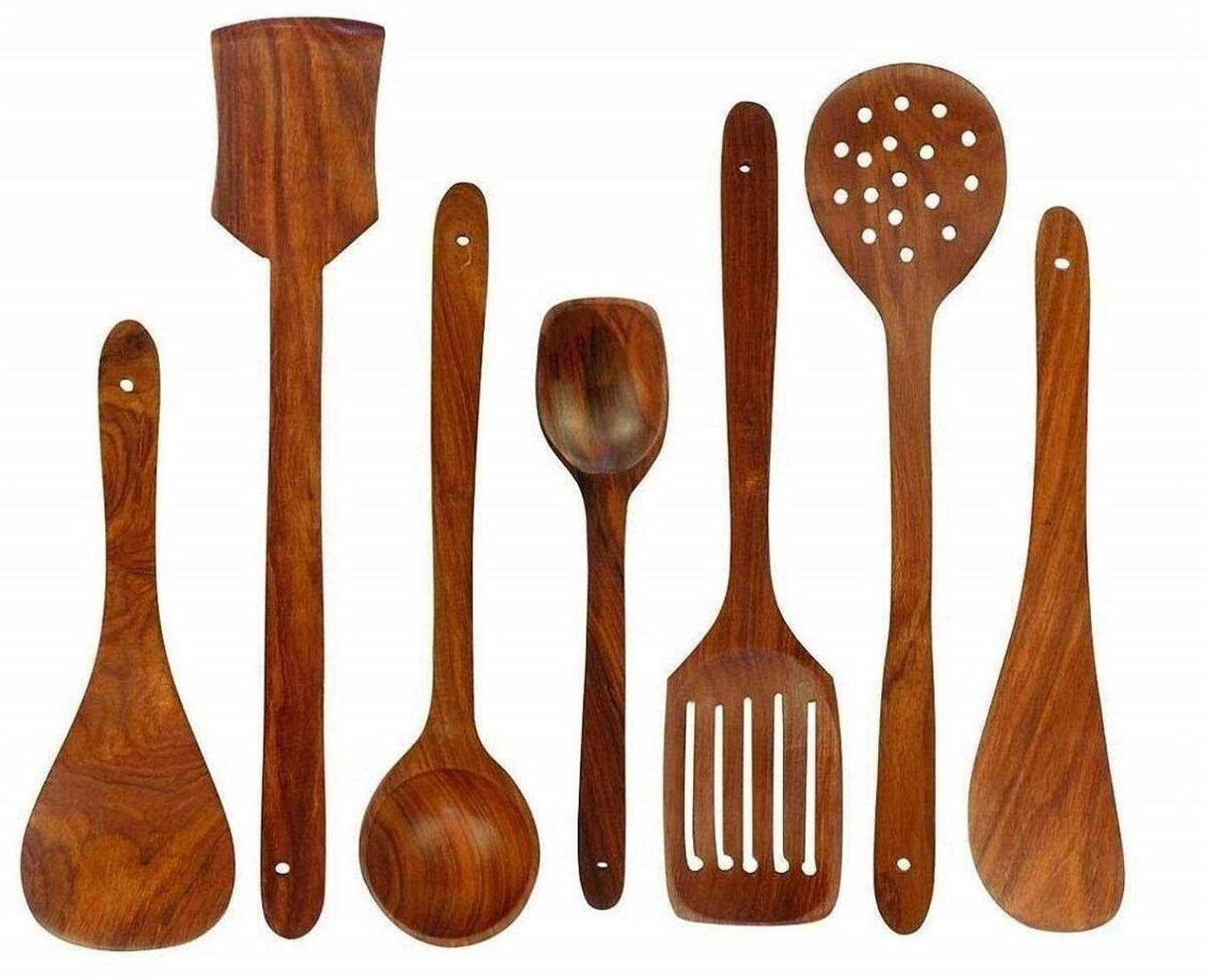 Image of LUNATIC CRAFTWORK Non Chemical lovers Brown yellowish Kitchen Tool Serving Spoon, Salad Spoon Wooden Cutlery Set (Pack of 7)