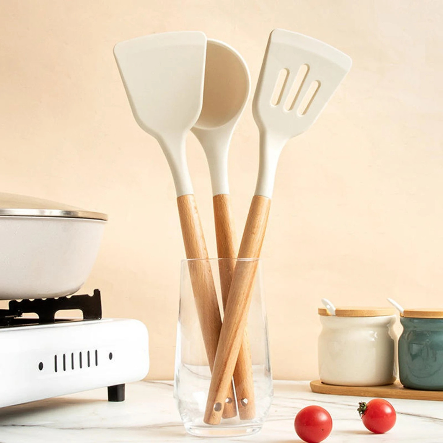 Image of PRIVATE CAVE Premium Silicone Kitchen Utensil Set with Wooden Handle (3 Pcs) Wooden Spatula