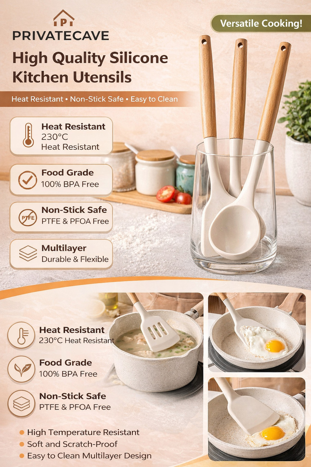 Image of PRIVATE CAVE Premium Silicone Kitchen Utensil Set with Wooden Handle (3 Pcs) Wooden Spatula