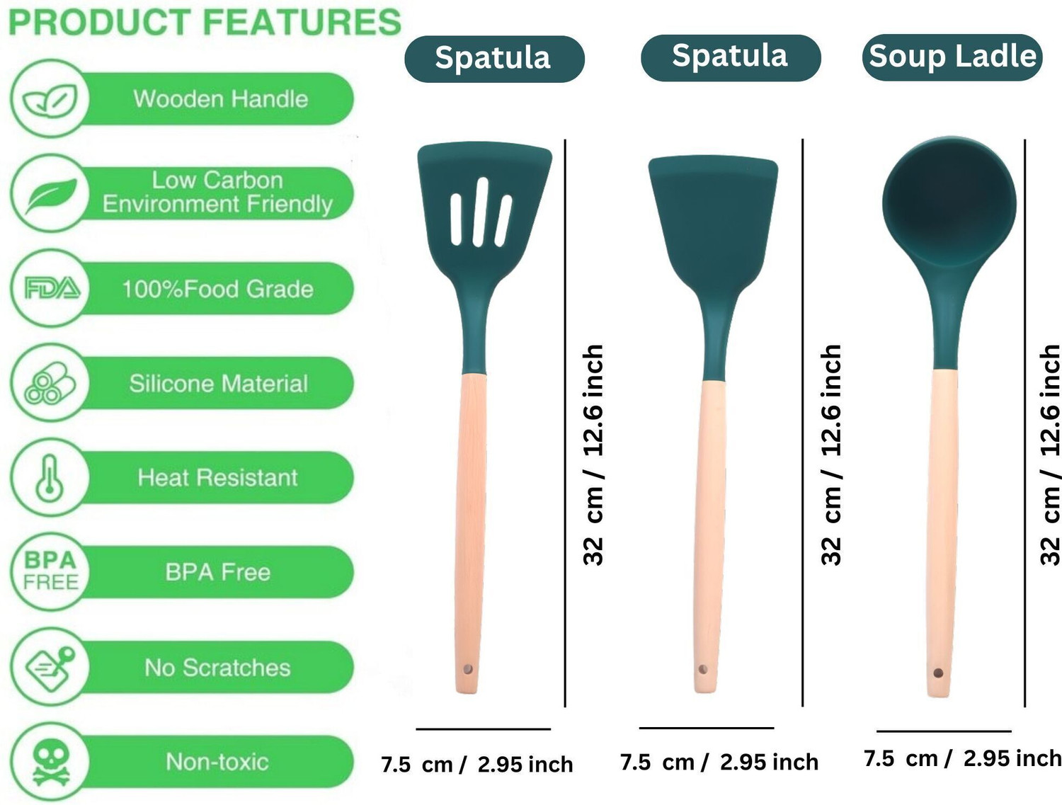 Image of REFINEMART Silicone Spatula for Kitchen Spatula for Non Stick Pan Cooking Spoon Set Green Non-Stick Spatula