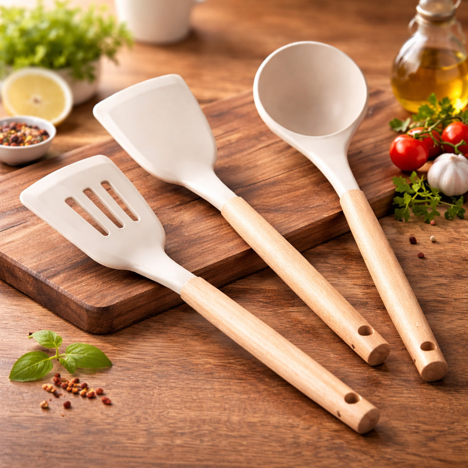 Image of PRIVATE CAVE Silicone Spatula Ladle Set Heat Resistant Kitchen Tools Wooden Spatula (Pack of 3)