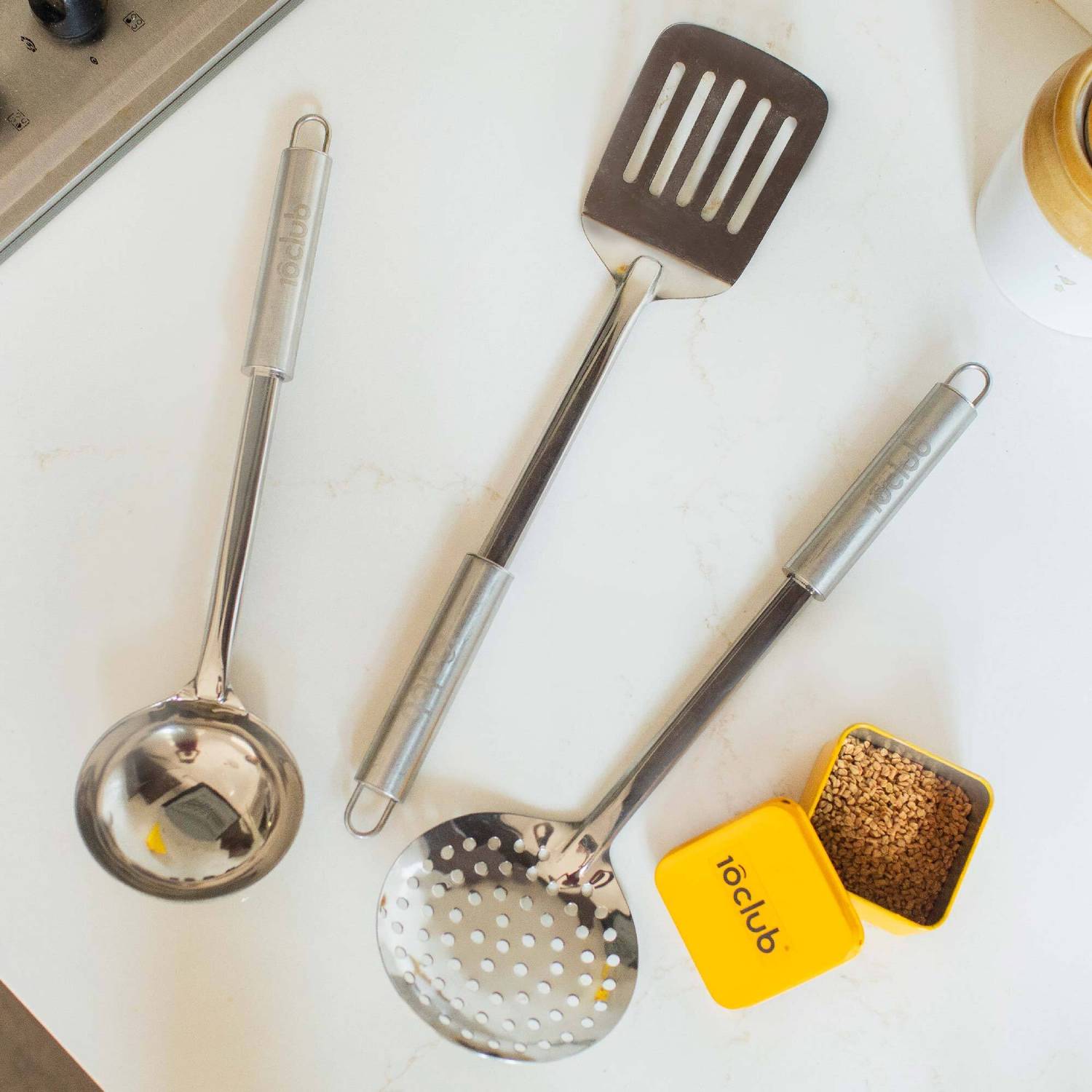 10club 3 Piece Premium Steel Kitchen Tool Set | Slotted Turner, Skimmer, Ladle Combo Kitchen Tool Set