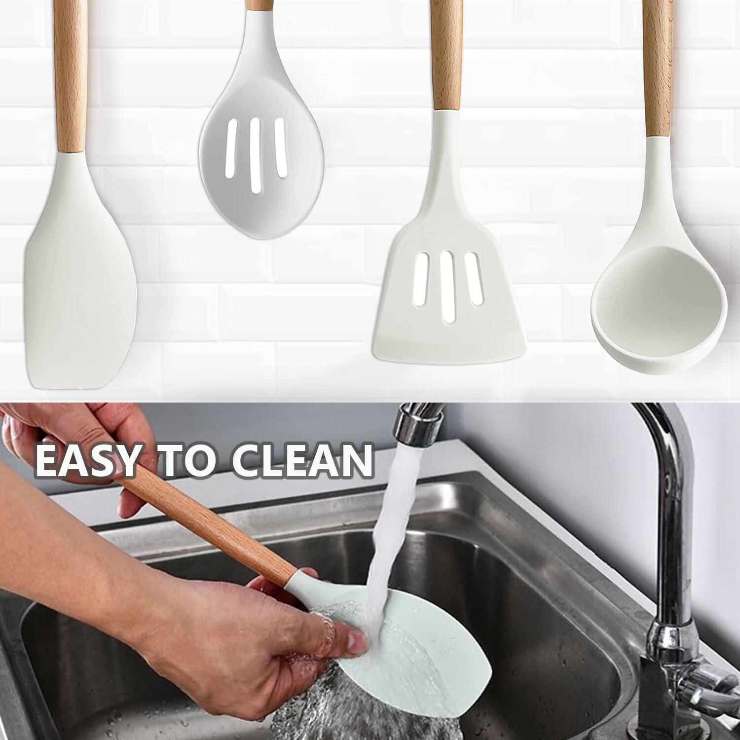 Image of NowExp 6-Piece Silicone Kitchen Spatula Set Durable with Durable Wooden Handles Mixing Slotted Spatula