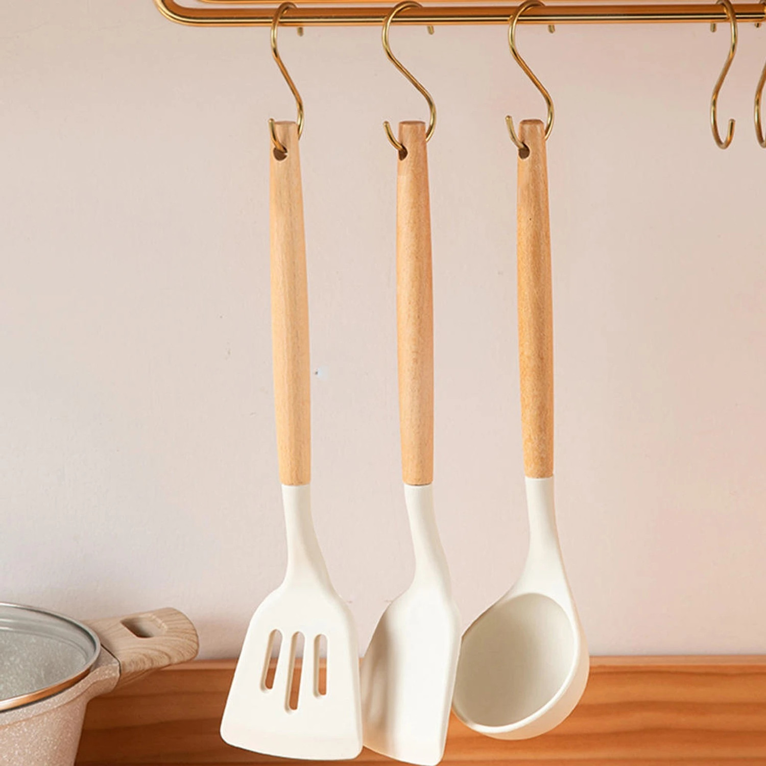 Image of PRIVATE CAVE Premium Silicone Kitchen Utensil Set with Wooden Handle (3 Pcs) Wooden Spatula