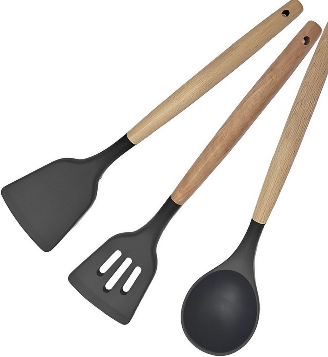 Image of Tensha Dosa Turner, Sabzi Kadchi, Cooking Spoon | Silicone 3 Pc Set with Wood Handle Non-Stick Spatula