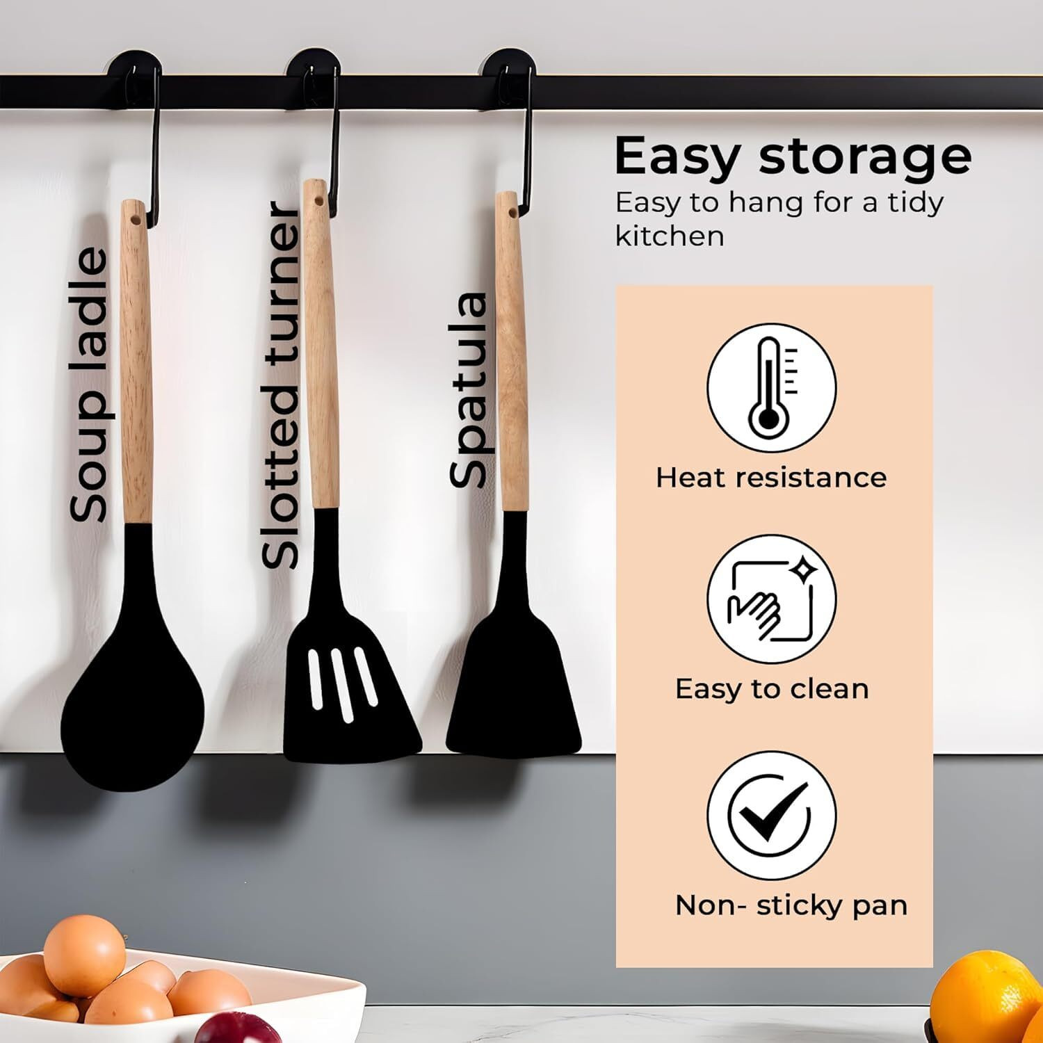 Image of Tensha Dosa Turner, Sabzi Kadchi, Cooking Spoon | Silicone 3 Pc Set with Wood Handle Non-Stick Spatula
