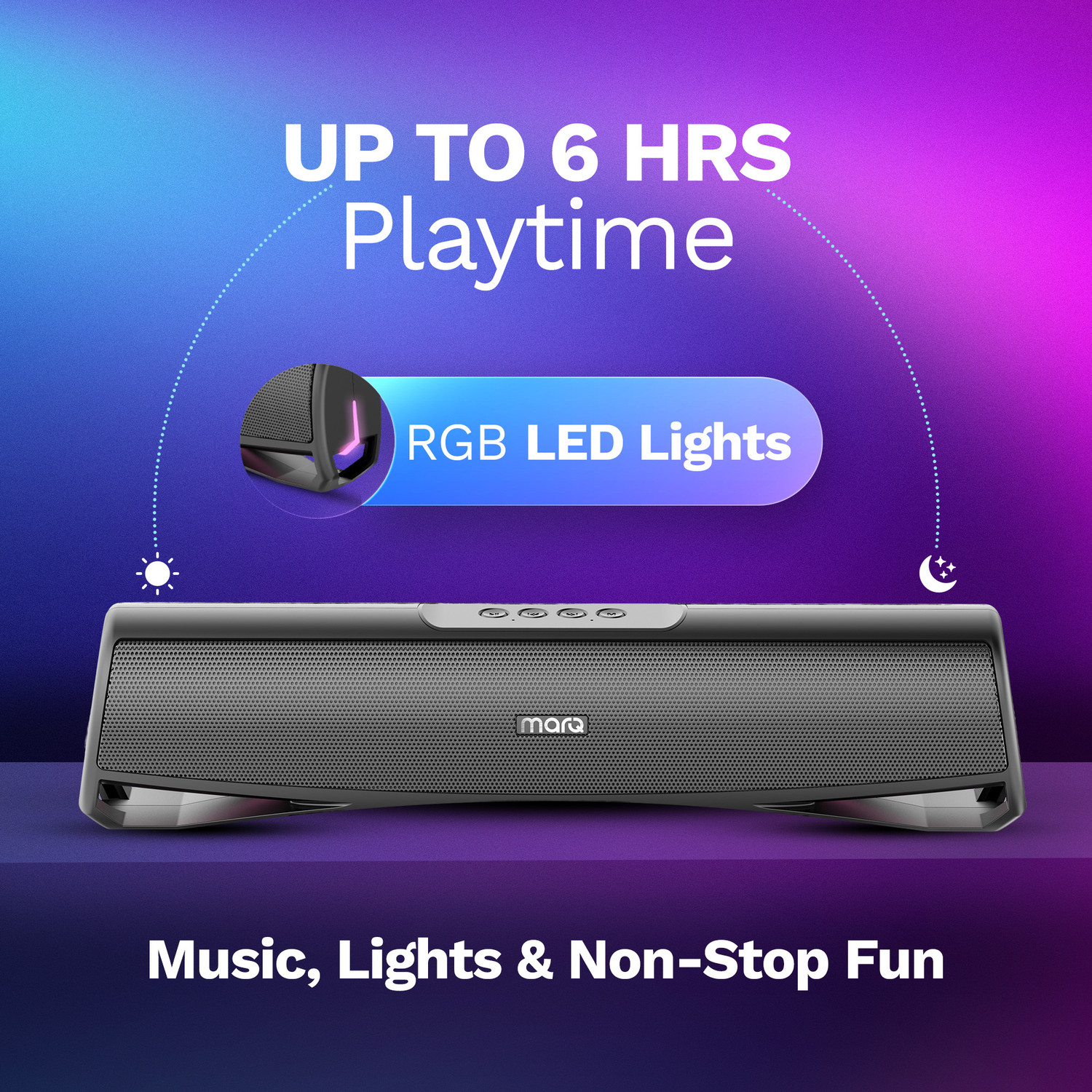 Image of MarQ by Flipkart Thunder with Dual Drivers, Upto 6Hrs of Playback, RGB LED lights 16 W Bluetooth Soundbar
