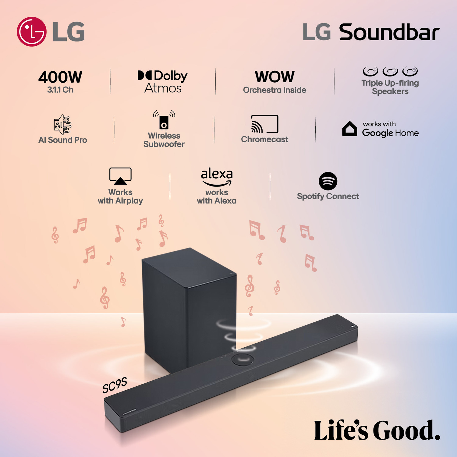 Image of LG SC9S , Dolby Atmos, Triple Up-Firing Speaker With OLED C Matching Bracket 400 W Bluetooth Soundbar