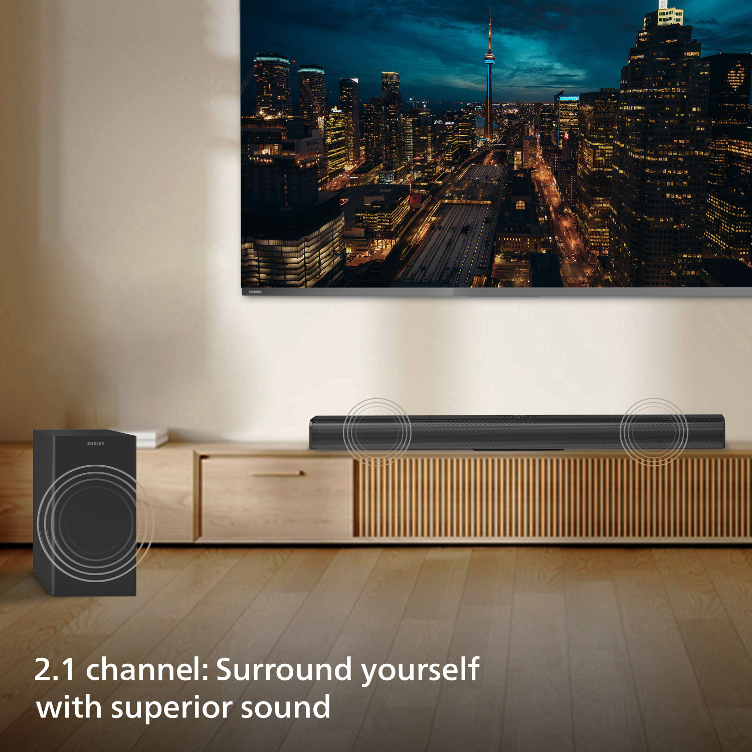 Image of PHILIPS TAB4319 /94 With Subwoofer for Rich Bass, 3 EQ modes, Bluetooth /HDMI /USB /Optical 80 W Bluetooth Soundbar