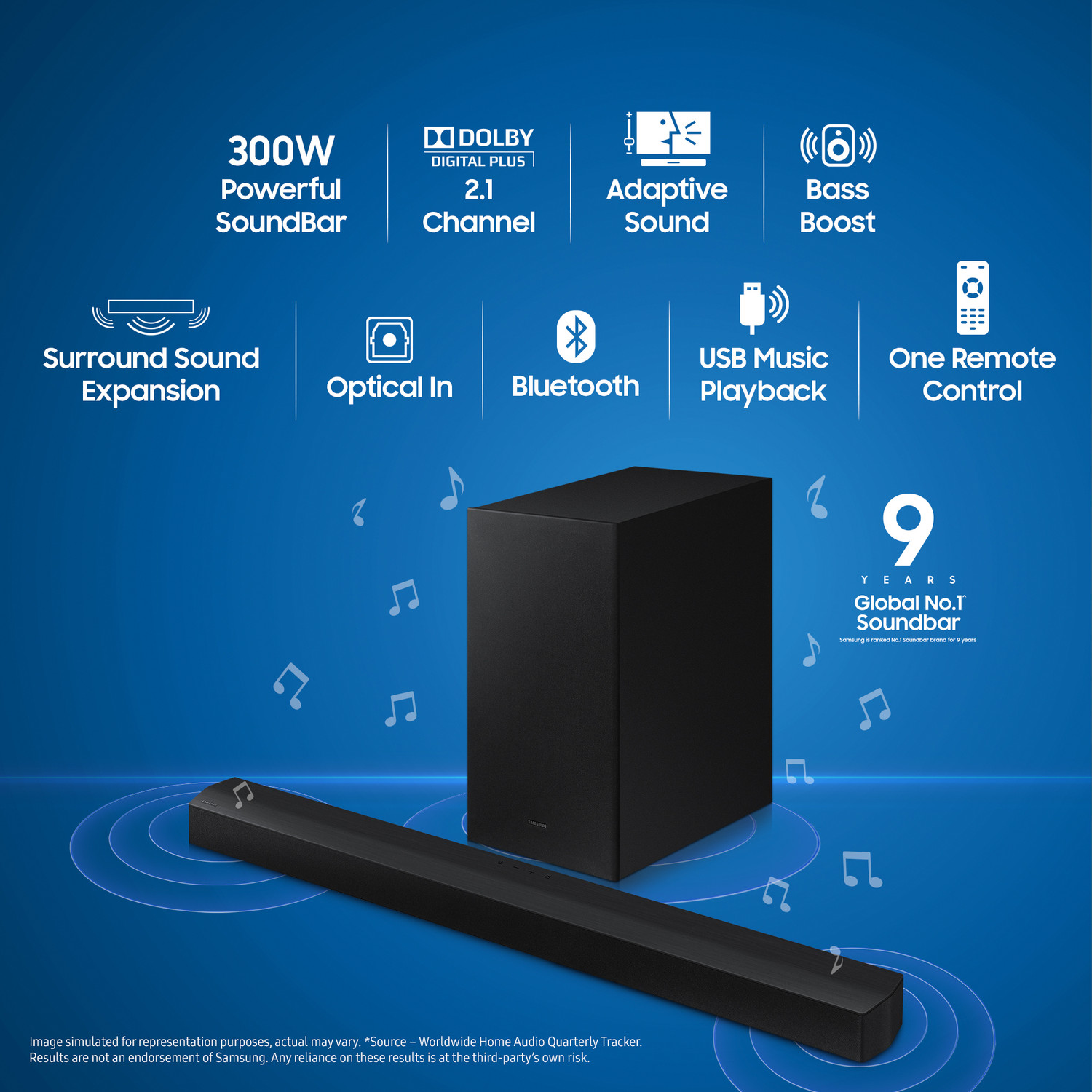 Image of Samsung (HW-B45E /XL) 3 speakers Wireless Subwoofer, Dolby Digital and DTS Virtual X 300 W Bluetooth Soundbar