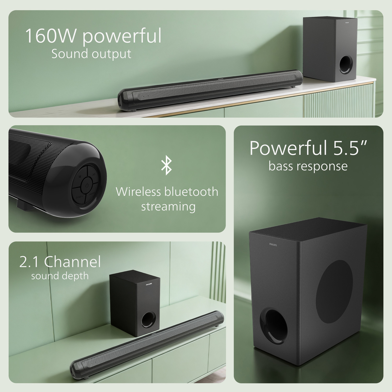 Image of PHILIPS TAB4361 /94 5.5 Inch Subwoofer HDMI ARC, USB & Optical Connectivity 160 W Bluetooth Soundbar