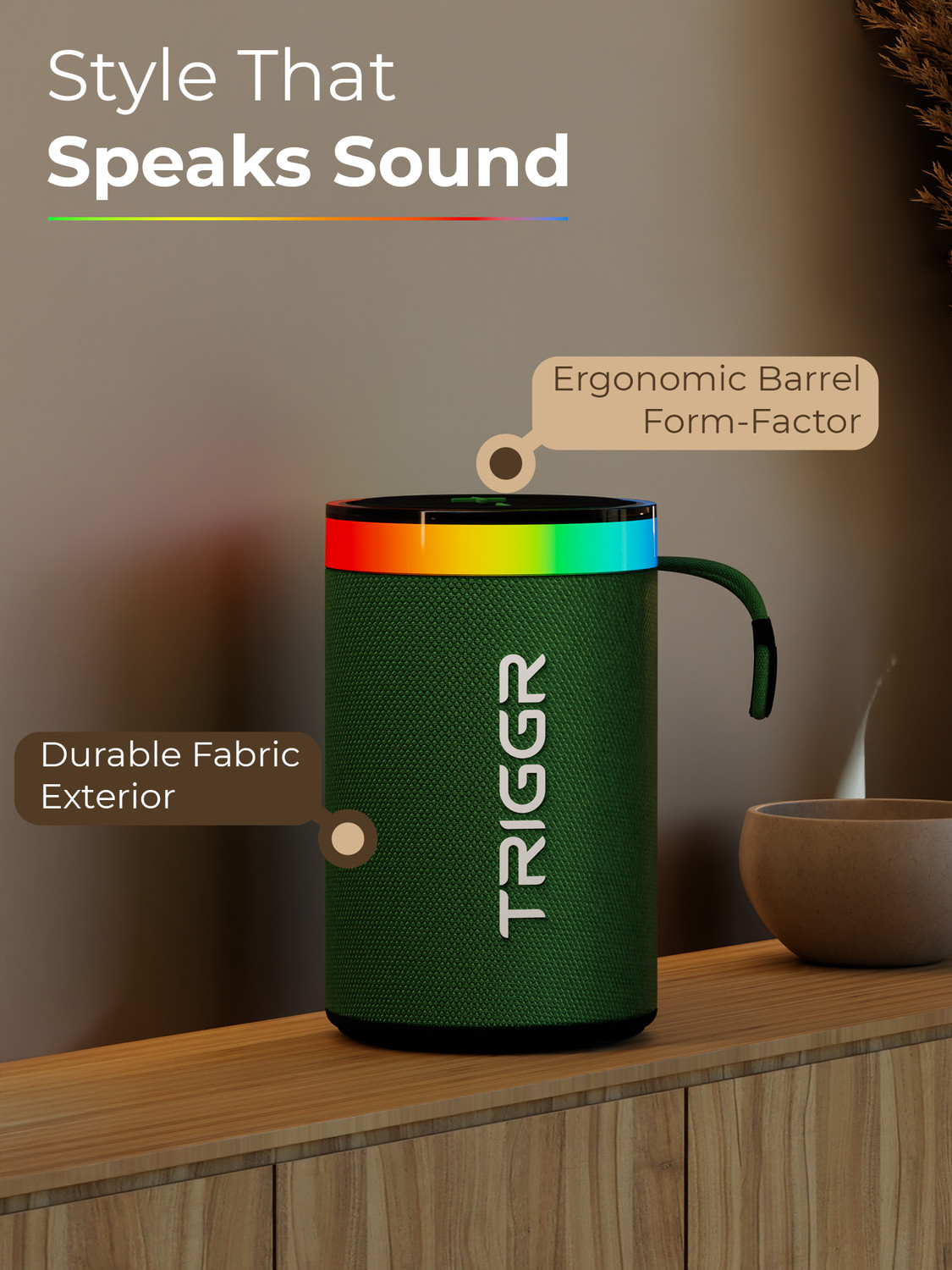 Image of TRIGGR Roar 10 with RGB Lights, Fabric Exterior, TWS & FM Mode, 8H Playtime 10 W Bluetooth Speaker