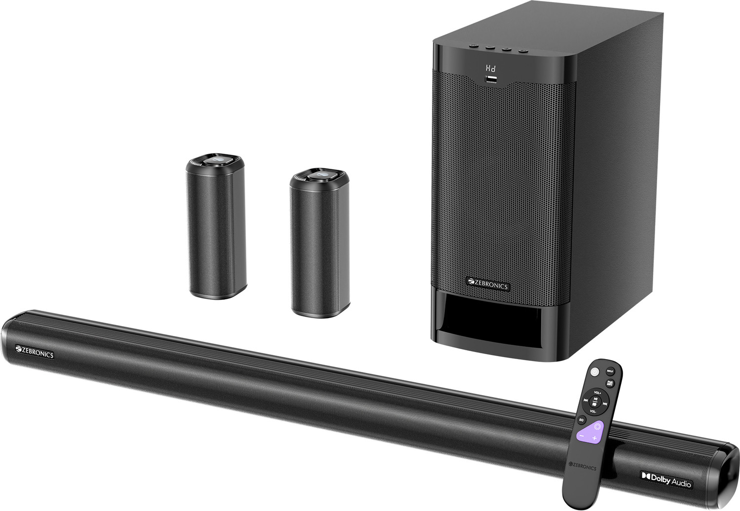 Image of ZEBRONICS Juke Bar 9525,Dolby Audio,Subwoofer & Satellites,BTv5.3,HDMI ARC,OPTICAL,USB,AUX 525 W Bluetooth Soundbar