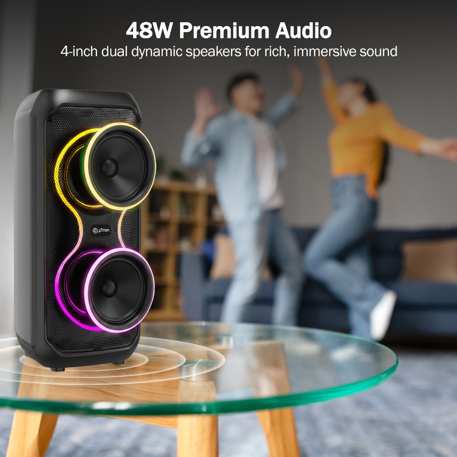 Image of PTron Fusion ONE w / Pristine Stereo Sound, Vibrant RGB Lights, 6hrs Playtime, Portable 48 W Bluetooth Party Speaker