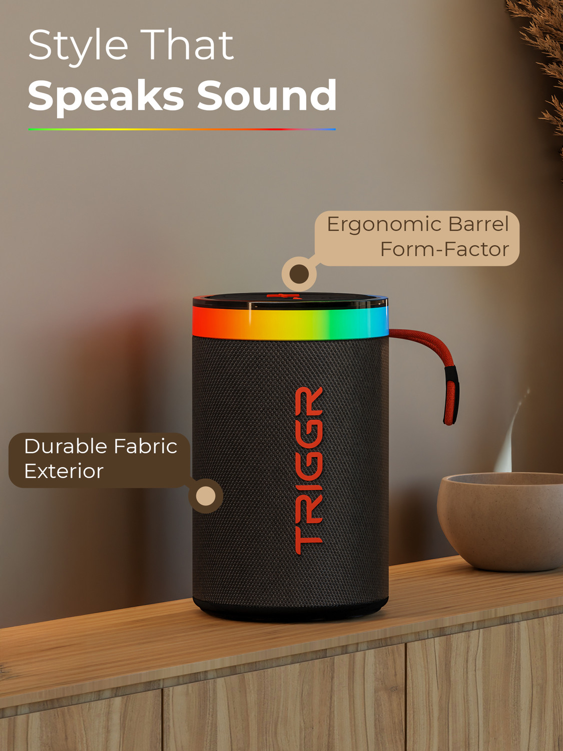 Image of TRIGGR Roar 10 with RGB Lights, Fabric Exterior, TWS & FM Mode, 8H Playtime 10 W Bluetooth Speaker