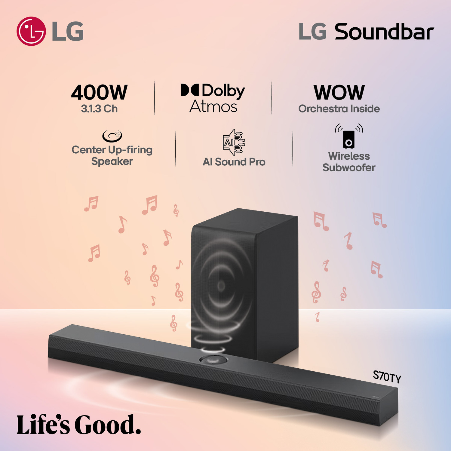 Image of LG S70TY, Dolby Atmos, Center Up-Firing, WOW Orchestra, 400 W Bluetooth Soundbar