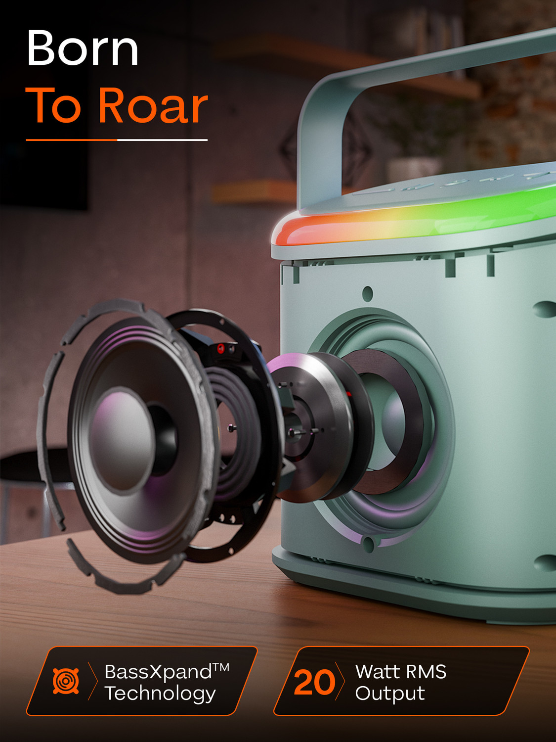 Image of TRIGGR Roar 20 with RGB Lights, Metal Mesh, TWS & FM Mode, 7H Playtime, BT v5.4,20W 20 W Bluetooth Speaker