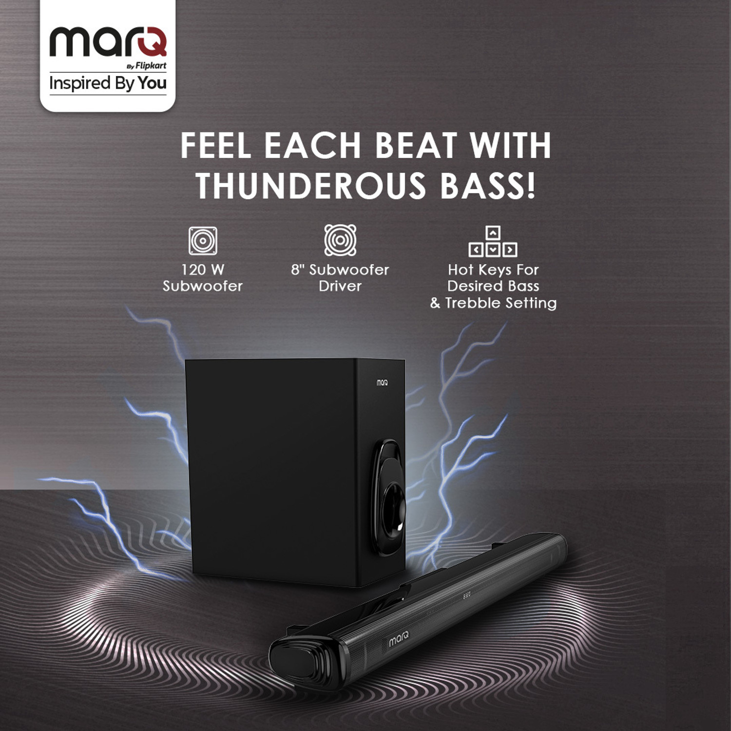 Image of MarQ by Flipkart Thunder 200, 200 Watts, 2.1 Channel, Immersive cinematic experience, EQ Modes 200 W Bluetooth Soundbar