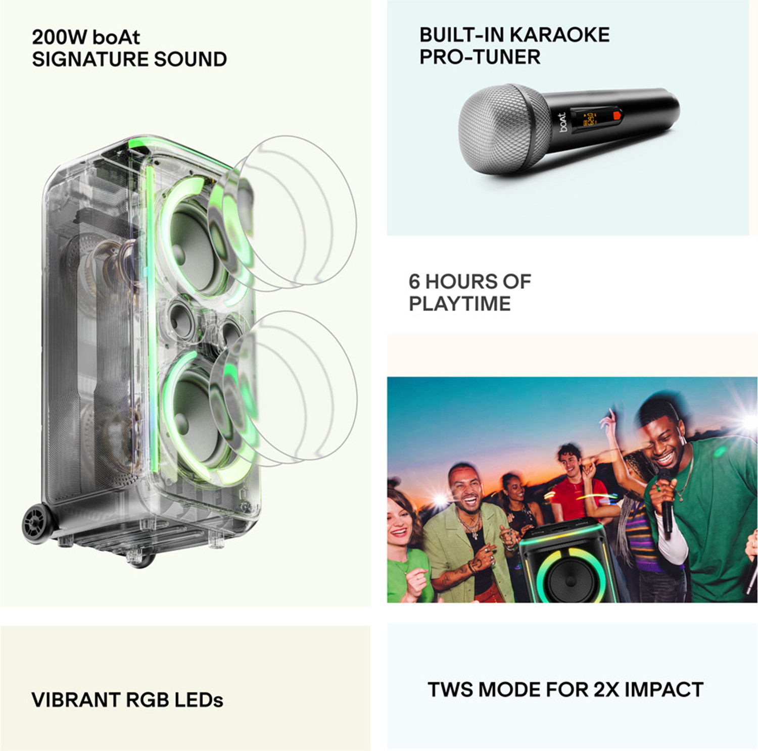 Image of boAt PartyPal 500, 200W Party Speaker,Karaoke Auto-Tuner,UHF Mic,RGB LEDs,App Support 200 W Bluetooth Tower Speaker
