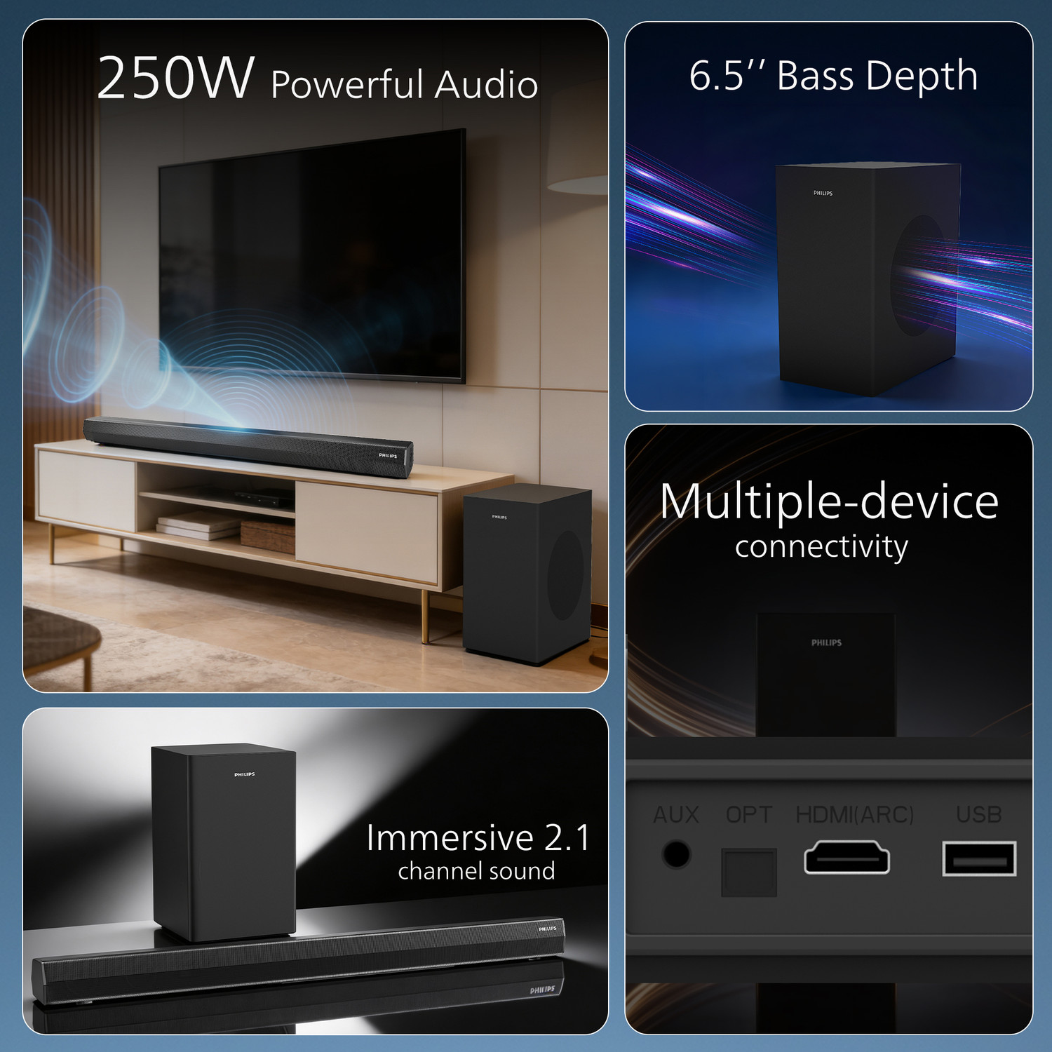 Image of PHILIPS TAB4451 /94 6.5 Inch Subwoofer� HDMI ARC, USB & Optical Connectivity 250 W Bluetooth Soundbar