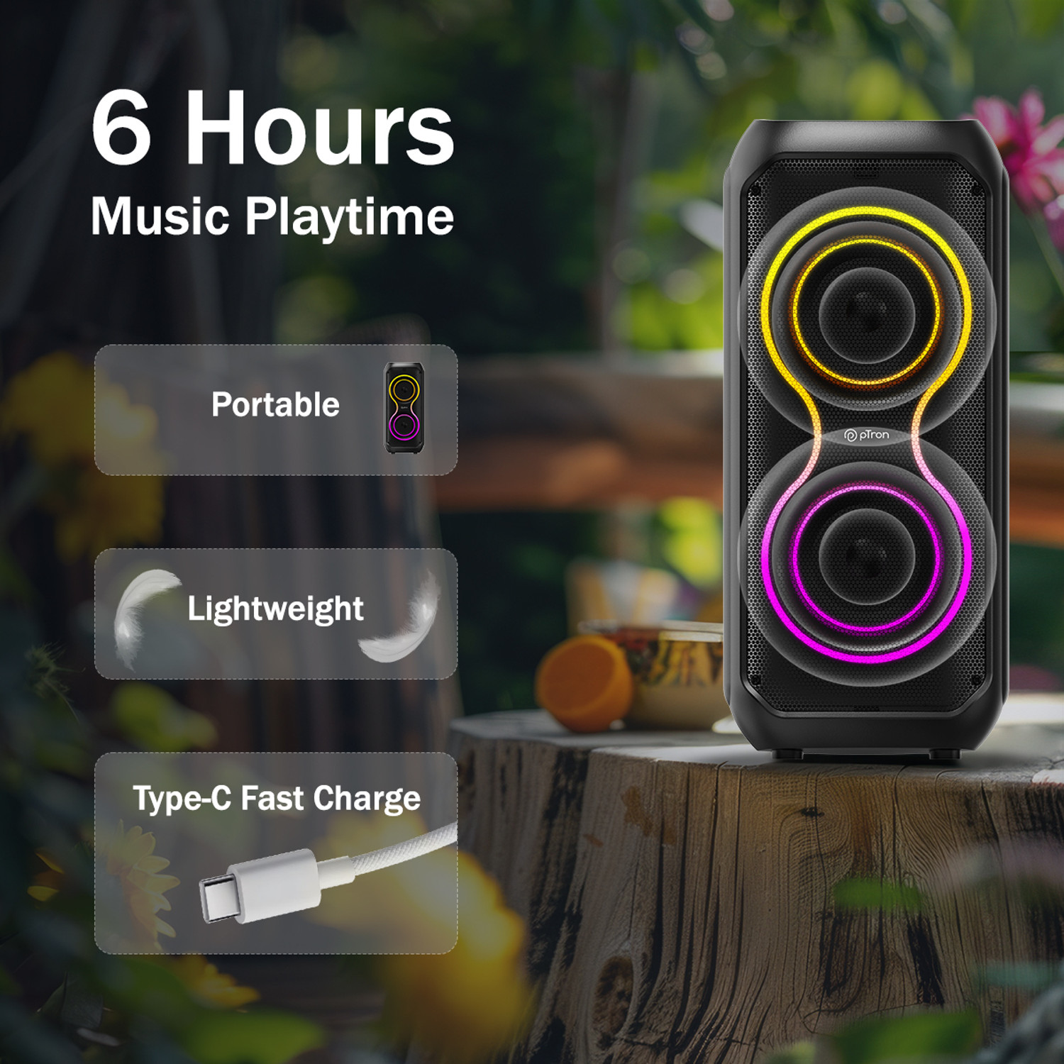 Image of PTron Fusion ONE w / Pristine Stereo Sound, Vibrant RGB Lights, 6hrs Playtime, Portable 48 W Bluetooth Party Speaker