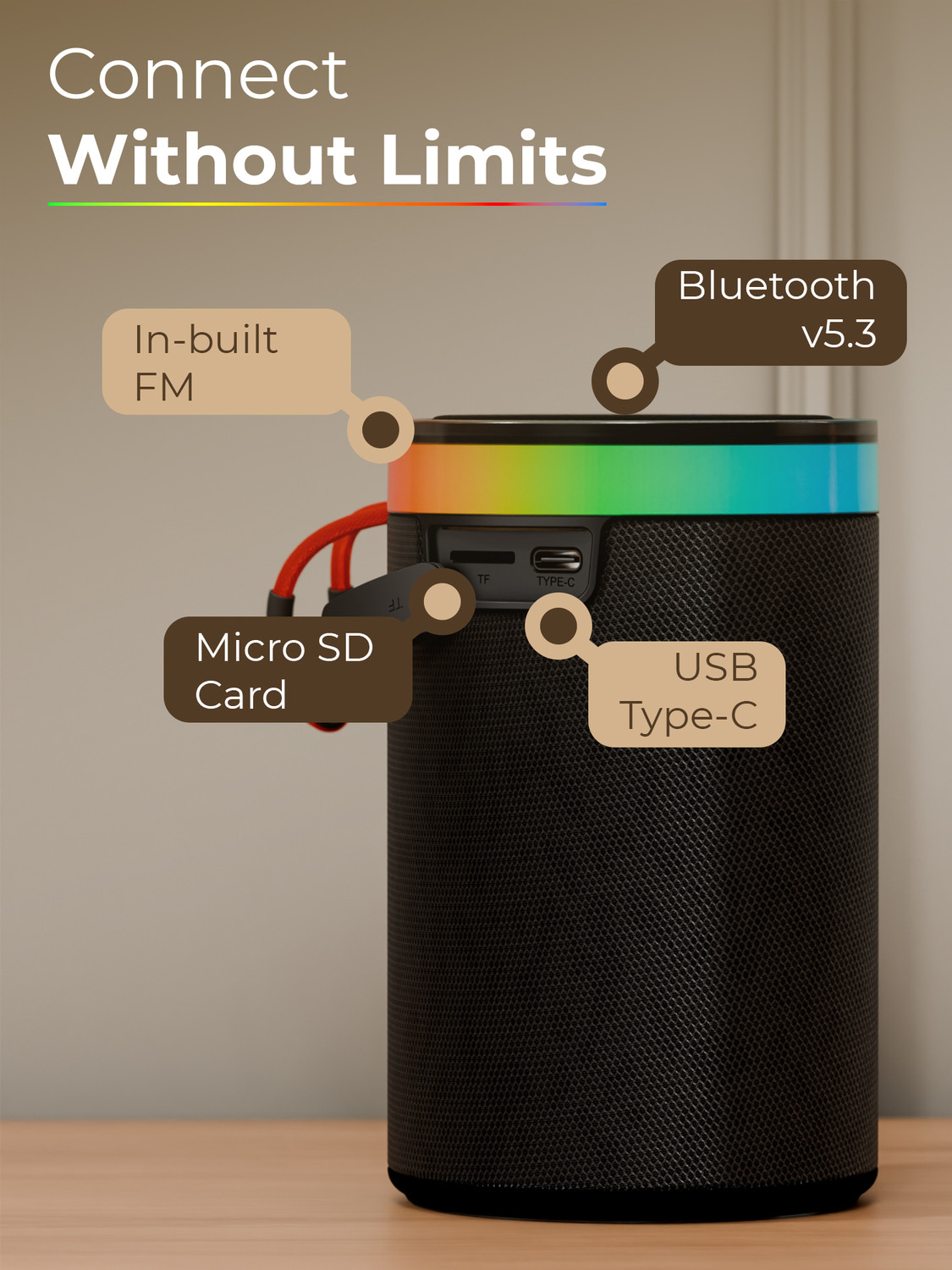 Image of TRIGGR Roar 10 with RGB Lights, Fabric Exterior, TWS & FM Mode, 8H Playtime 10 W Bluetooth Speaker