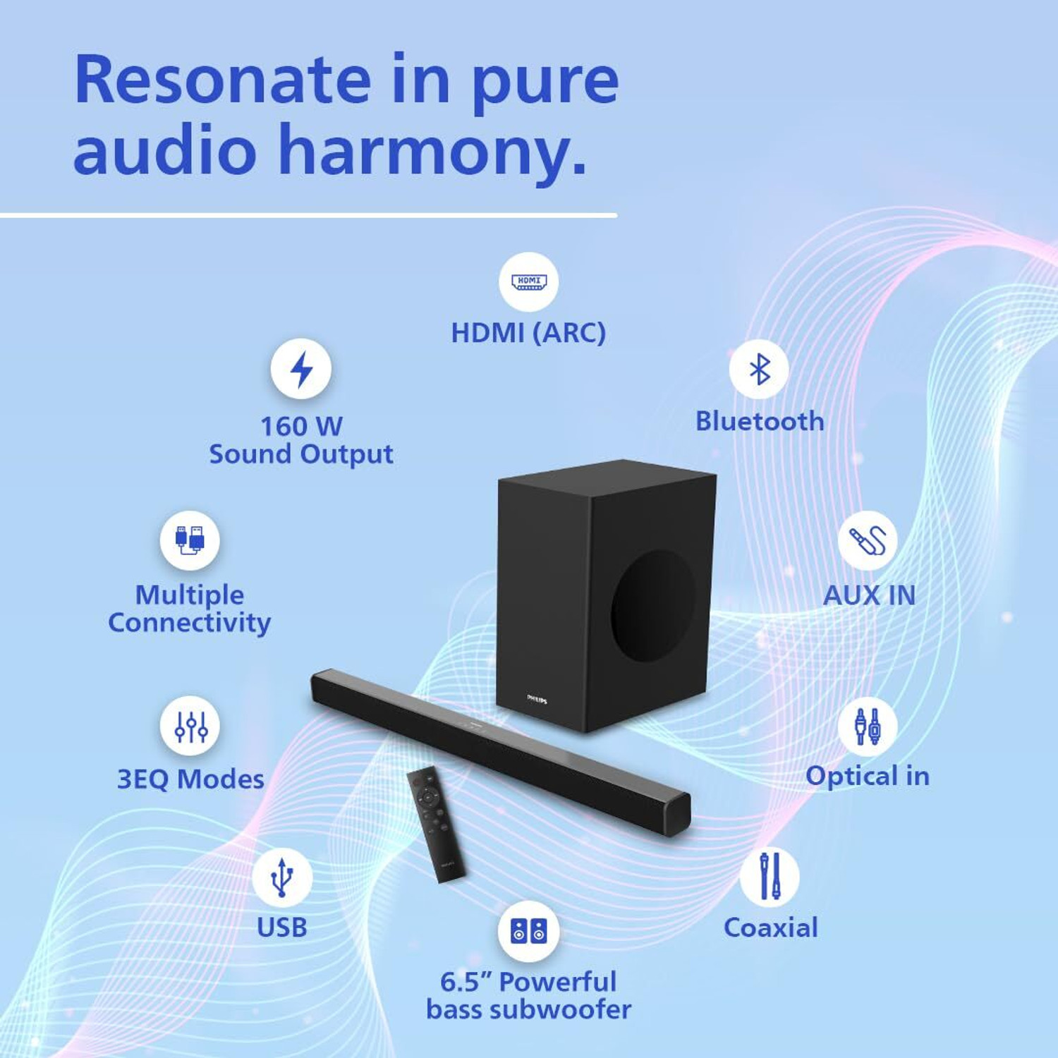 Image of PHILIPS TAB4228 /94 With Subwoofer, Rich Bass, 3EQ Modes, BT /HDMI /USB /Optical /Coaxial /AUX 160 W Bluetooth Soundbar