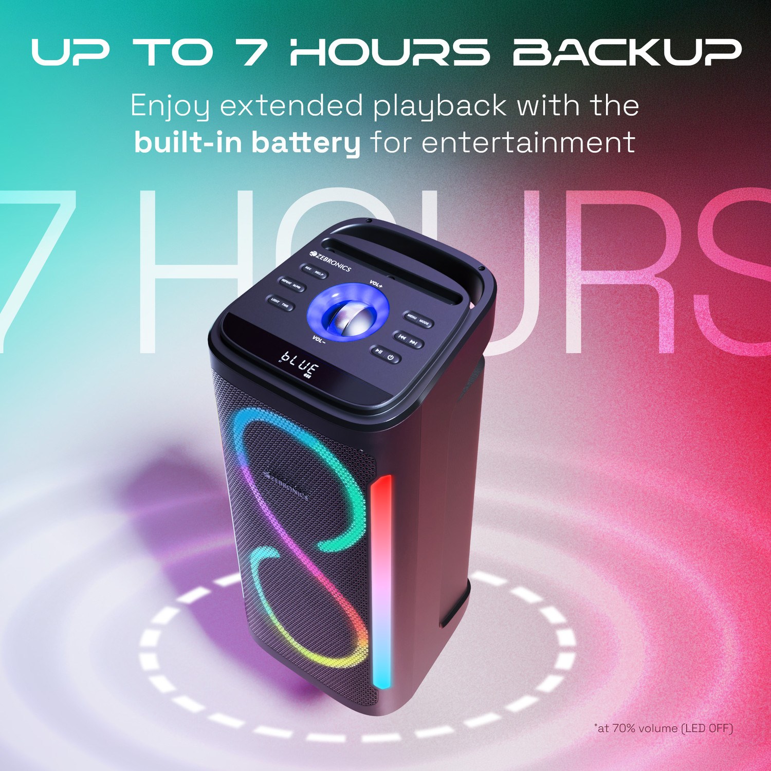 Image of ZEBRONICS Party Fyre 650 Party Speaker, 7h Playback, LED Display, Dual Wireless Mics 180 W Bluetooth Party Speaker (Black, Mono Channel)