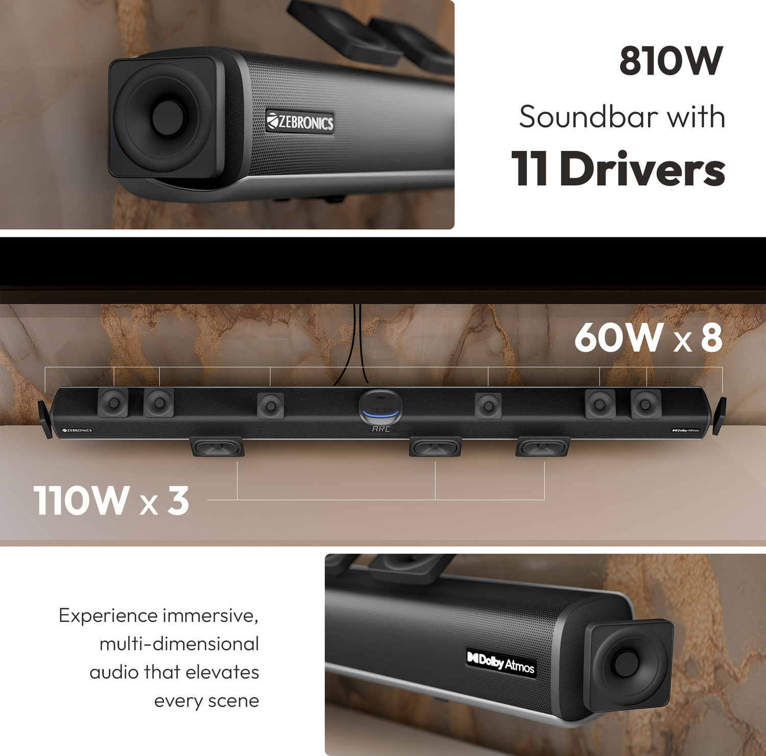 Image of ZEBRONICS Juke Bar 11000 Dolby Atmos,DTS:X,Wireless Subwoofer & Satellite 1610 W Bluetooth Soundbar