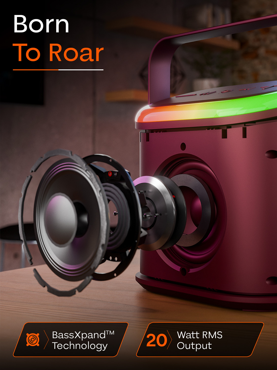 Image of TRIGGR Roar 20 with RGB Lights, Metal Mesh, TWS & FM Mode, 7H Playtime, BT v5.4,20W 20 W Bluetooth Speaker