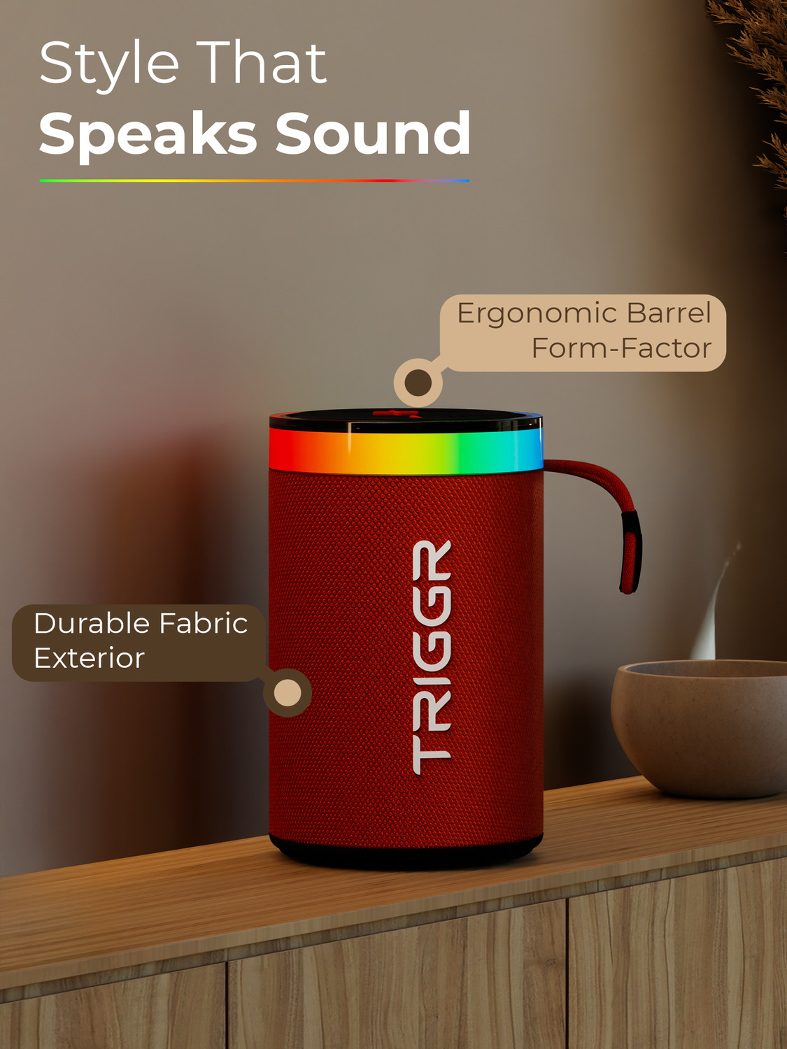 Image of TRIGGR Roar 10 with RGB Lights, Fabric Exterior, TWS & FM Mode, 8H Playtime 10 W Bluetooth Speaker
