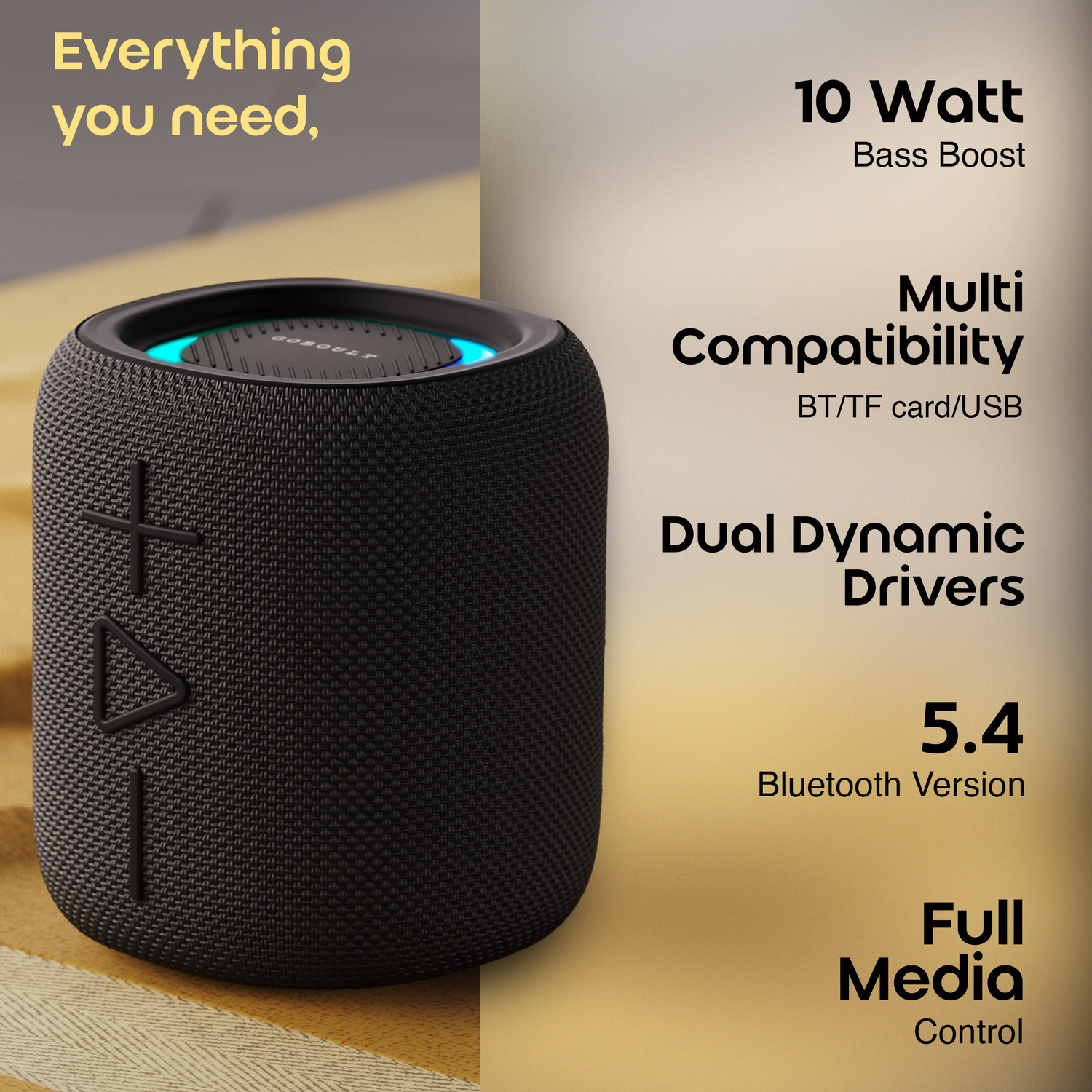 Image of GOBOULT Rave 10W, Dual Dynamic Drivers, RGB LED, TWS Connectivity, Upto 12hrs Battery 10 W Bluetooth Speaker