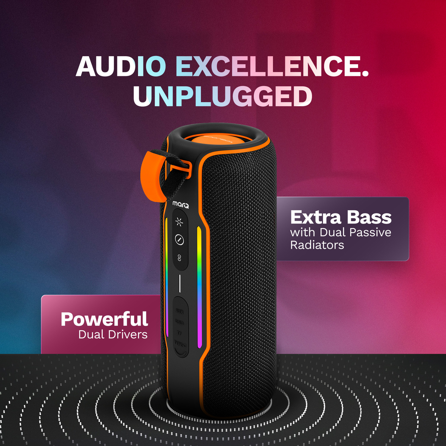 Image of MarQ by Flipkart Party Pod with Powerful Dual Drivers, Upto 5Hrs of Playback, TWS Mode 25 W Bluetooth Speaker