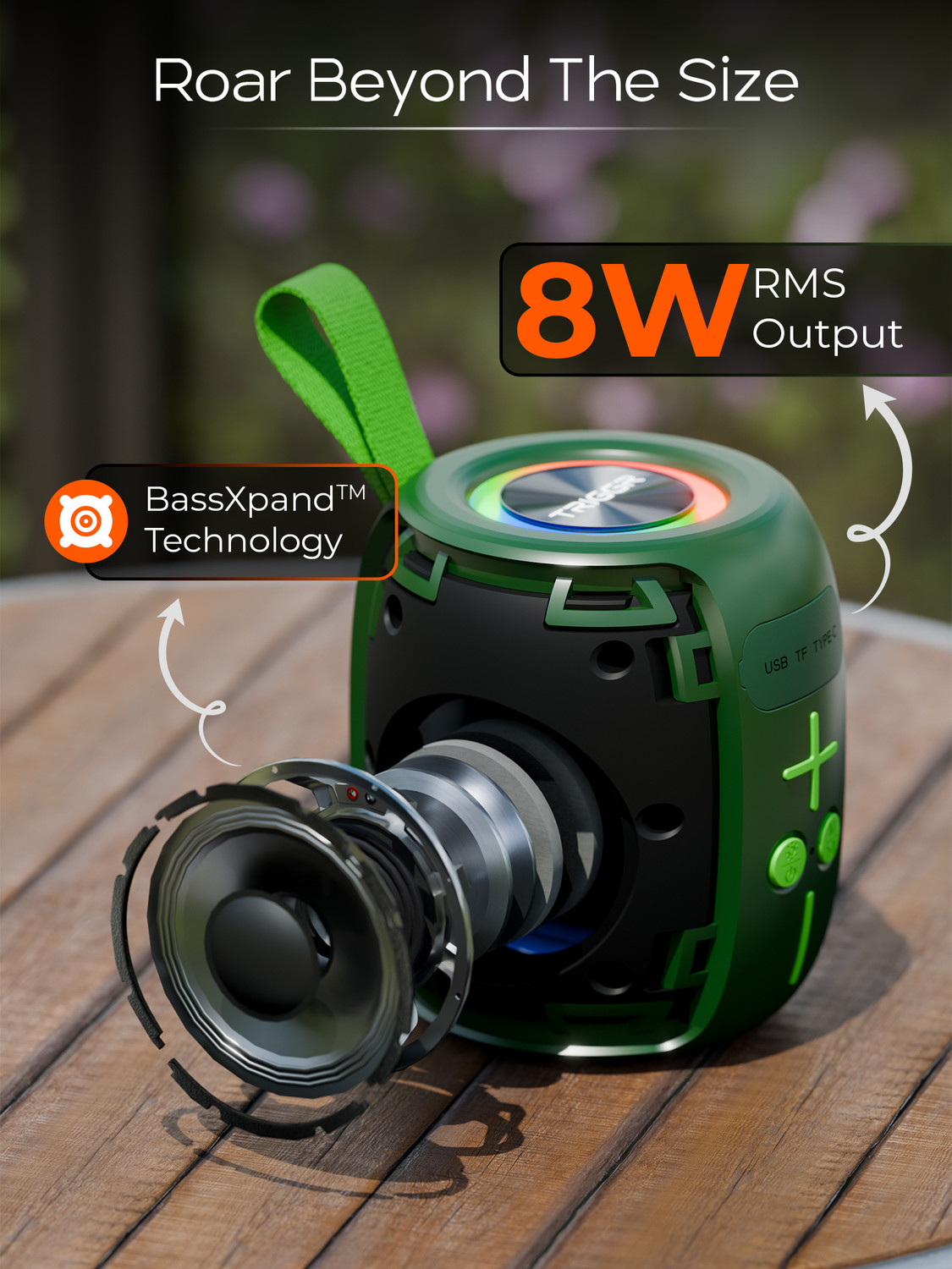 Image of TRIGGR Roar 8 with RGB Lights, Fabric Exterior, TWS & FM Mode, 12H Playtime, BT v5.4 8 W Bluetooth Speaker