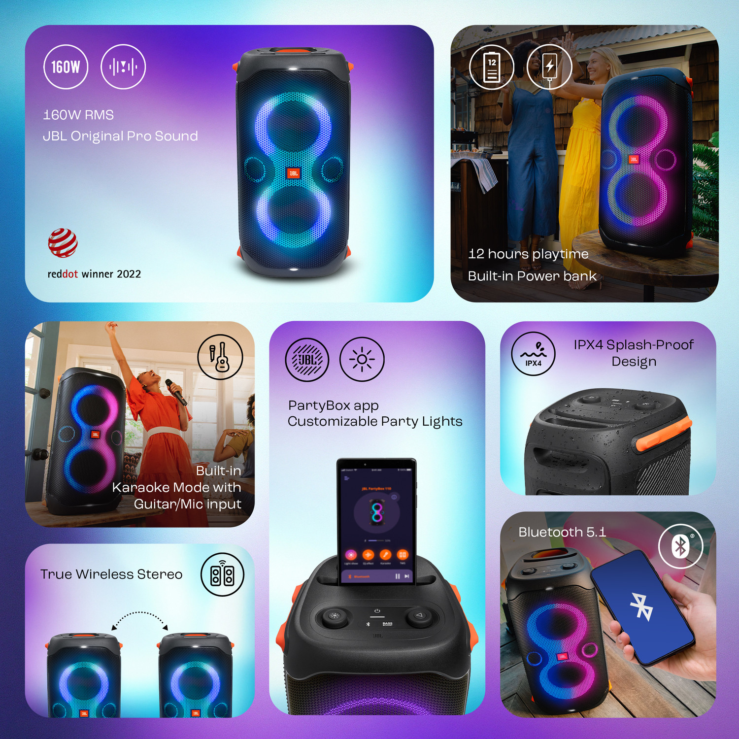 Image of JBL Partybox 110 with,Dynamic Light Show,Upto 12Hr Playtime, App 160 W Bluetooth Party Speaker