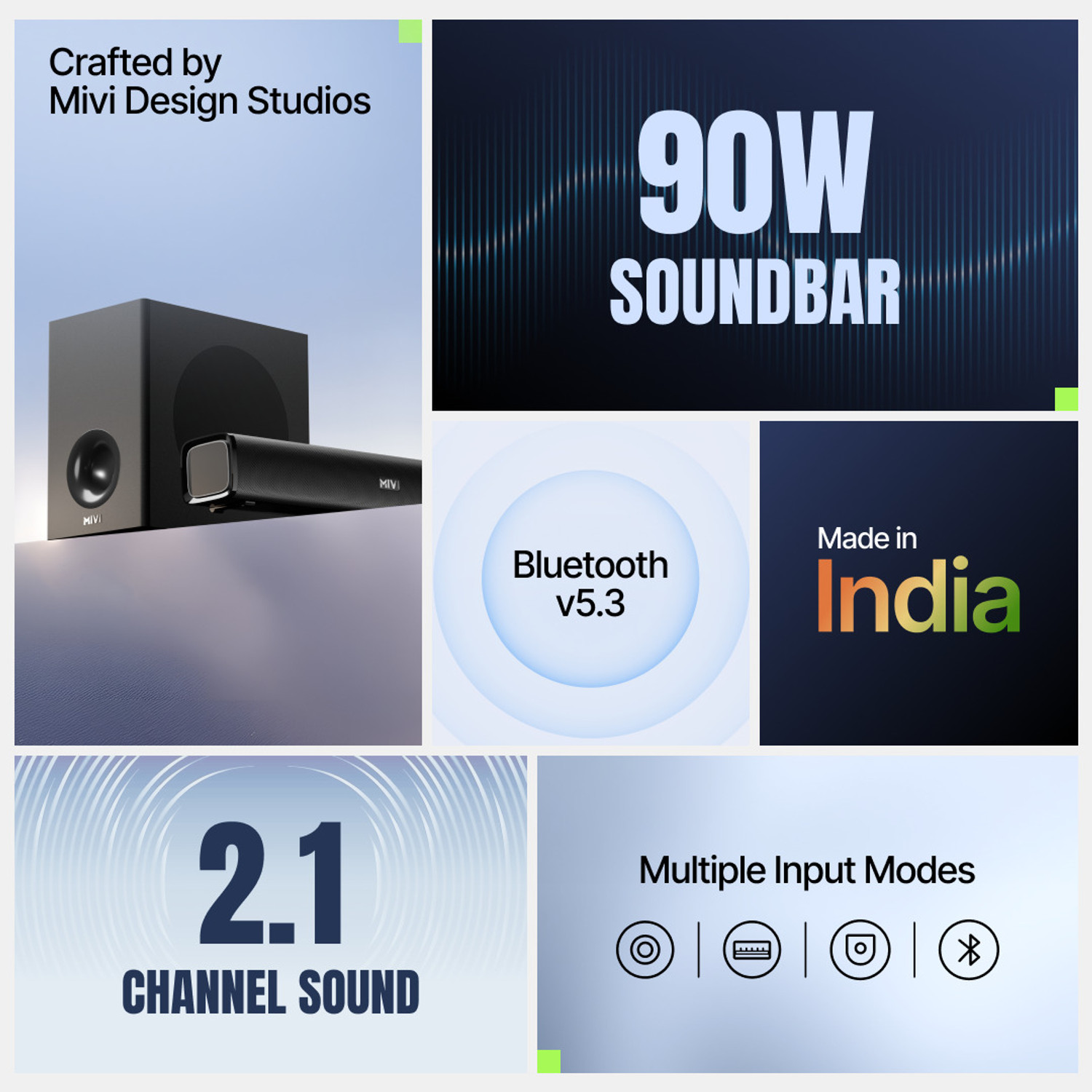 Image of Mivi Fort Sonic X80 Soundbar, 2.1 Channel, Multi-Input & EQ Modes, BT v5.3 90 W Bluetooth Home Audio Speaker